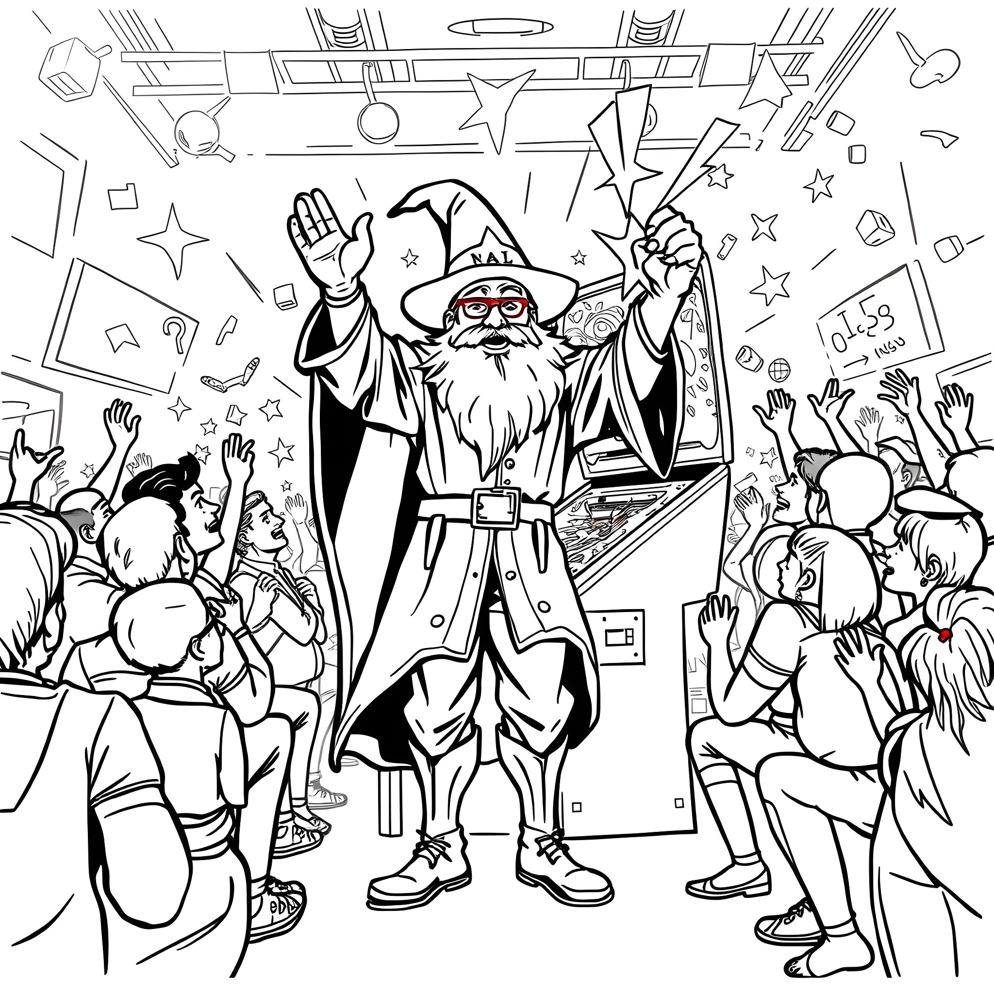 Pinball Wizard Performs for Cheering Crowd Coloring Page (free black-and-white line drawing printable PDF for all, from beginners to advanced learners, including children, teens, adults, and seniors)