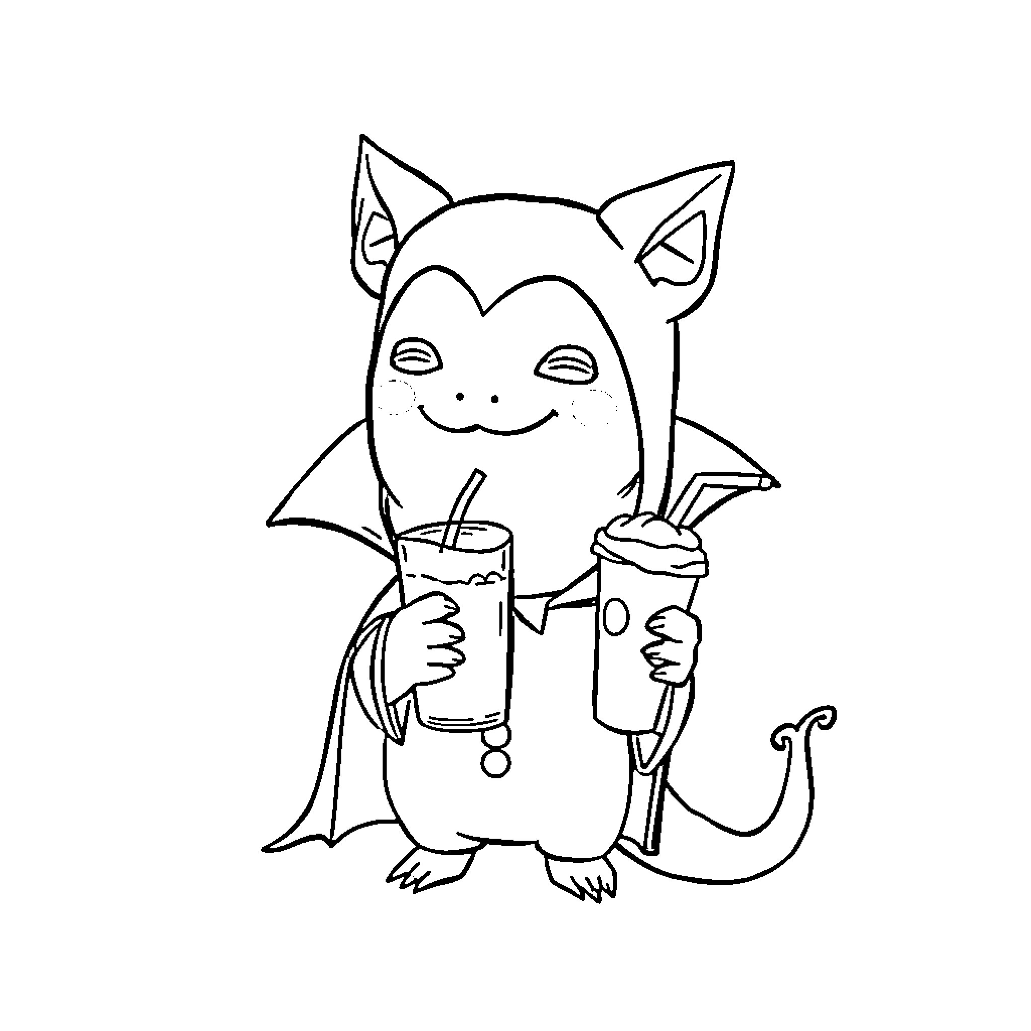 Axolotl enjoying refreshing beverages Coloring Page (free black-and-white line drawing printable PDF for all, from beginners to advanced learners, including children, teens, adults, and seniors)