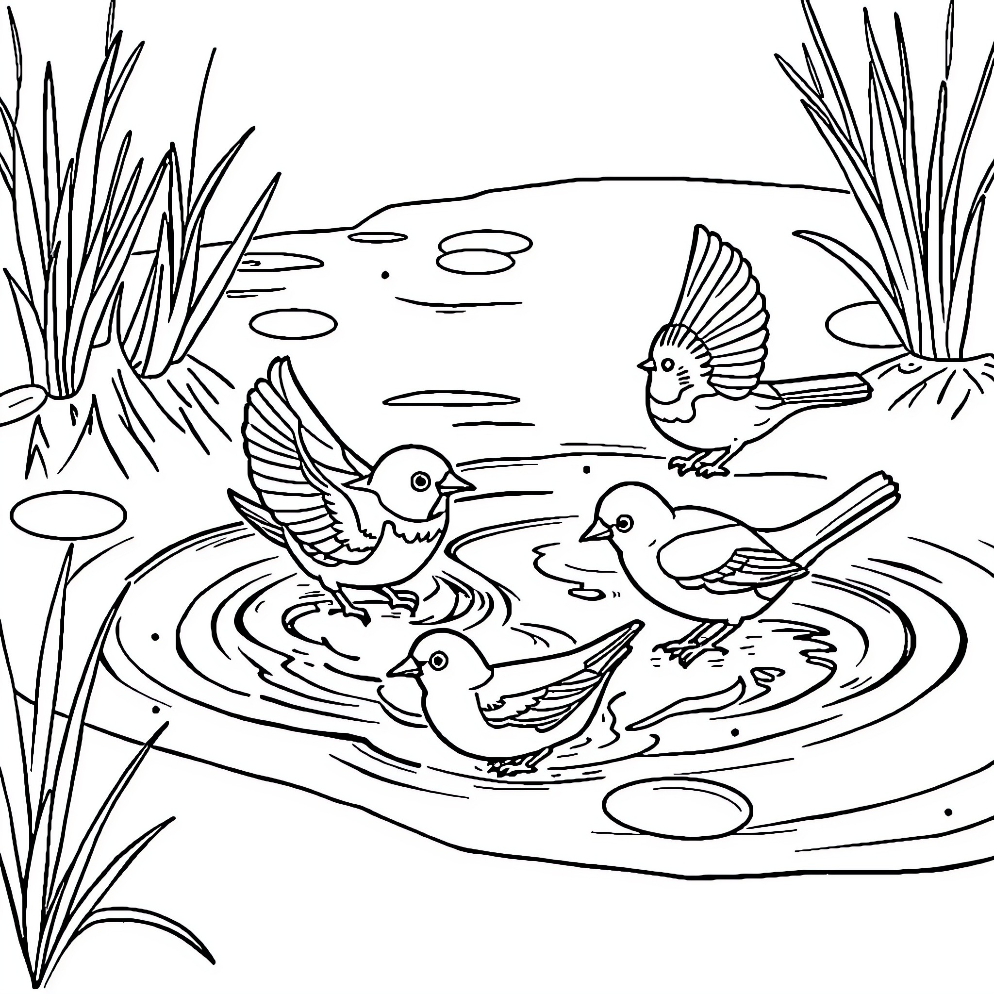 Birds playing and bathing in a pond Coloring Page (free black-and-white line drawing printable PDF for all, from beginners to advanced learners, including children, teens, adults, and seniors)