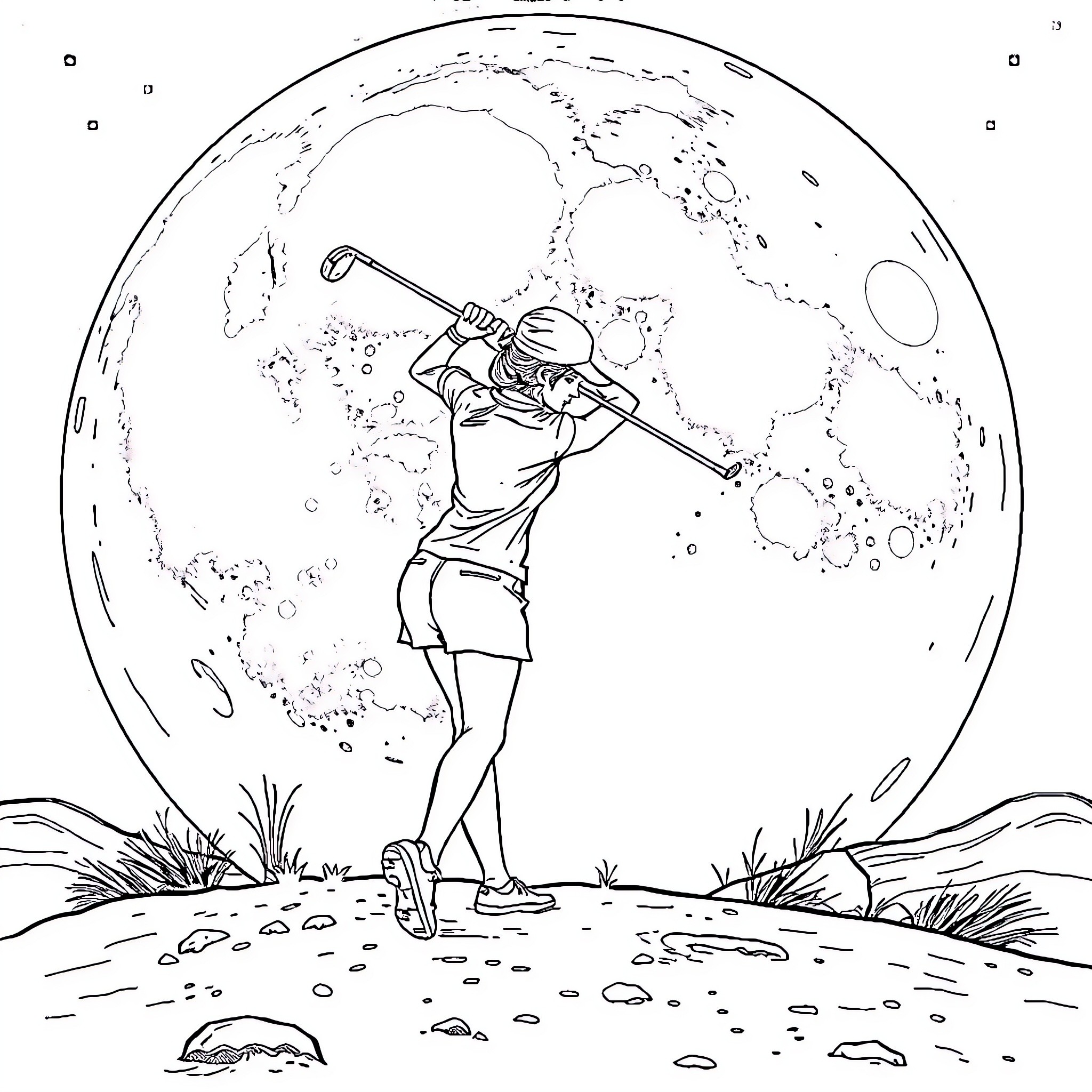 Golfer swinging with determination on the fairway Coloring Page (free black-and-white line drawing printable PDF for all, from beginners to advanced learners, including children, teens, adults, and seniors)
