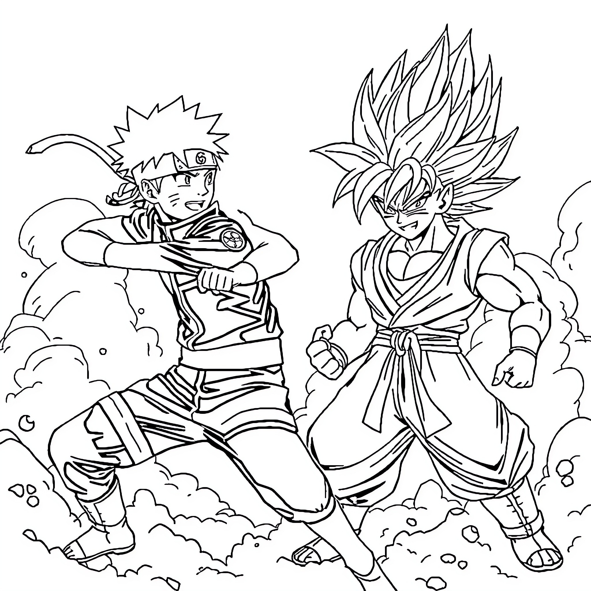 Naruto and Goku Facing Off in Epic Battle Coloring Page (free black-and-white line drawing printable PDF for all, from beginners to advanced learners, including children, teens, adults, and seniors)