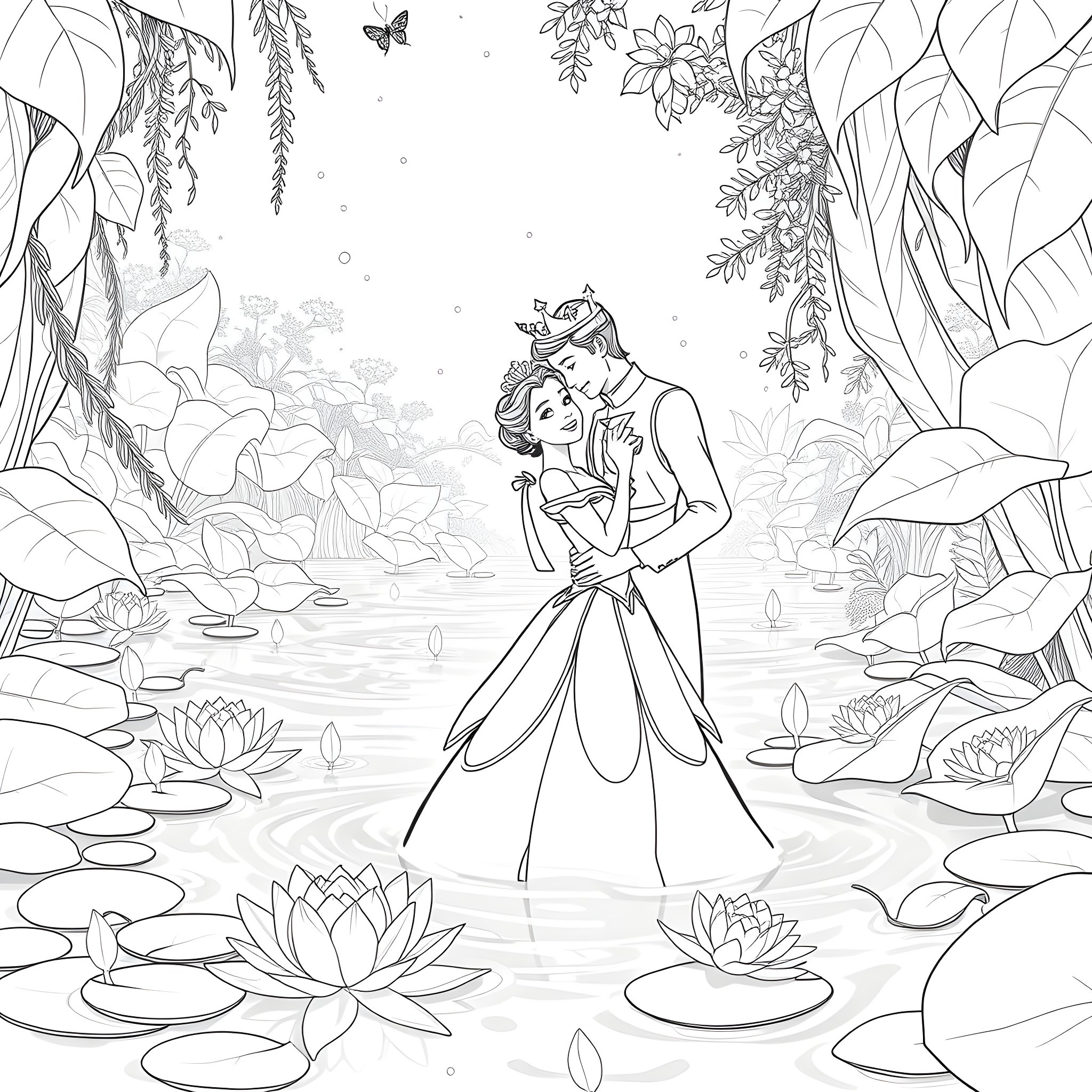 Tiana sharing a romantic moment with her prince in the enchanted forest Coloring Page (free black-and-white line drawing printable PDF for all, from beginners to advanced learners, including children, teens, adults, and seniors)