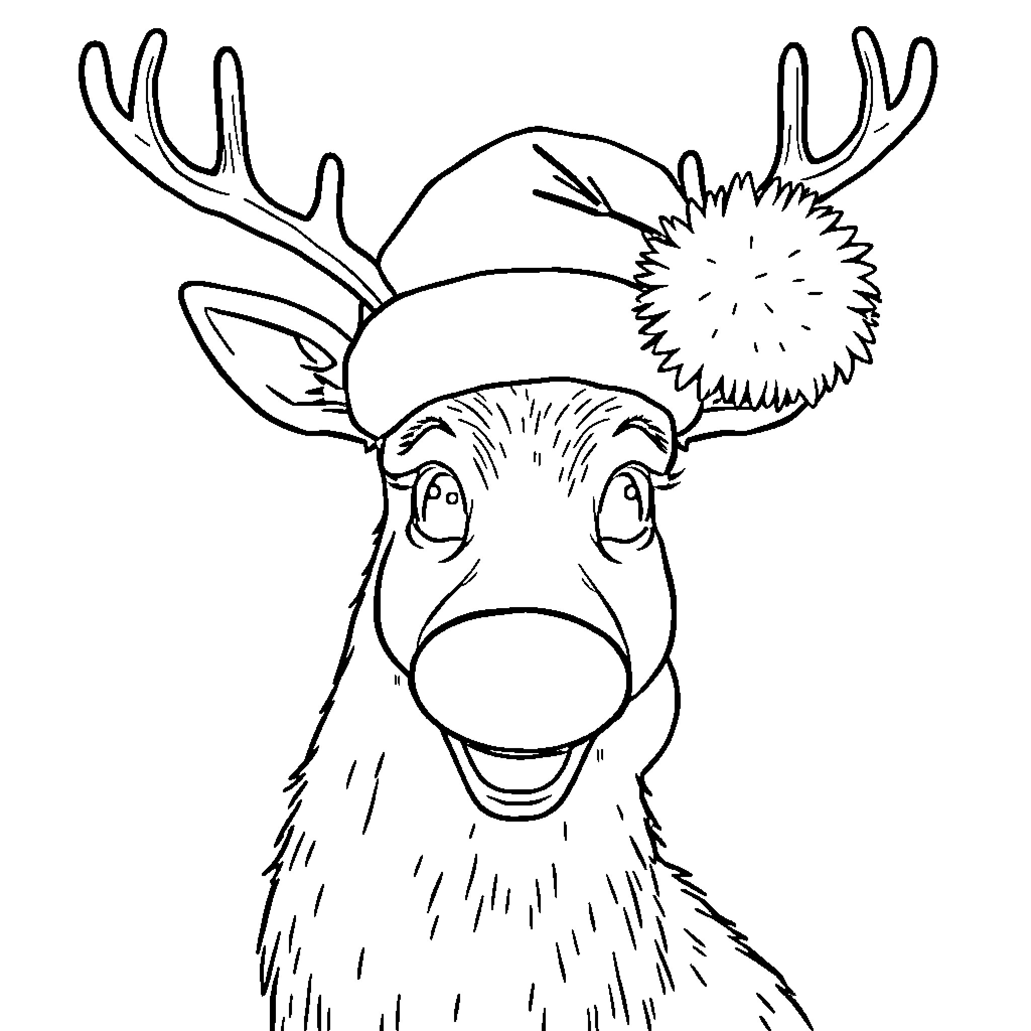 Reindeer wearing a festive hat Coloring Page (free black-and-white line drawing printable PDF for all, from beginners to advanced learners, including children, teens, adults, and seniors)