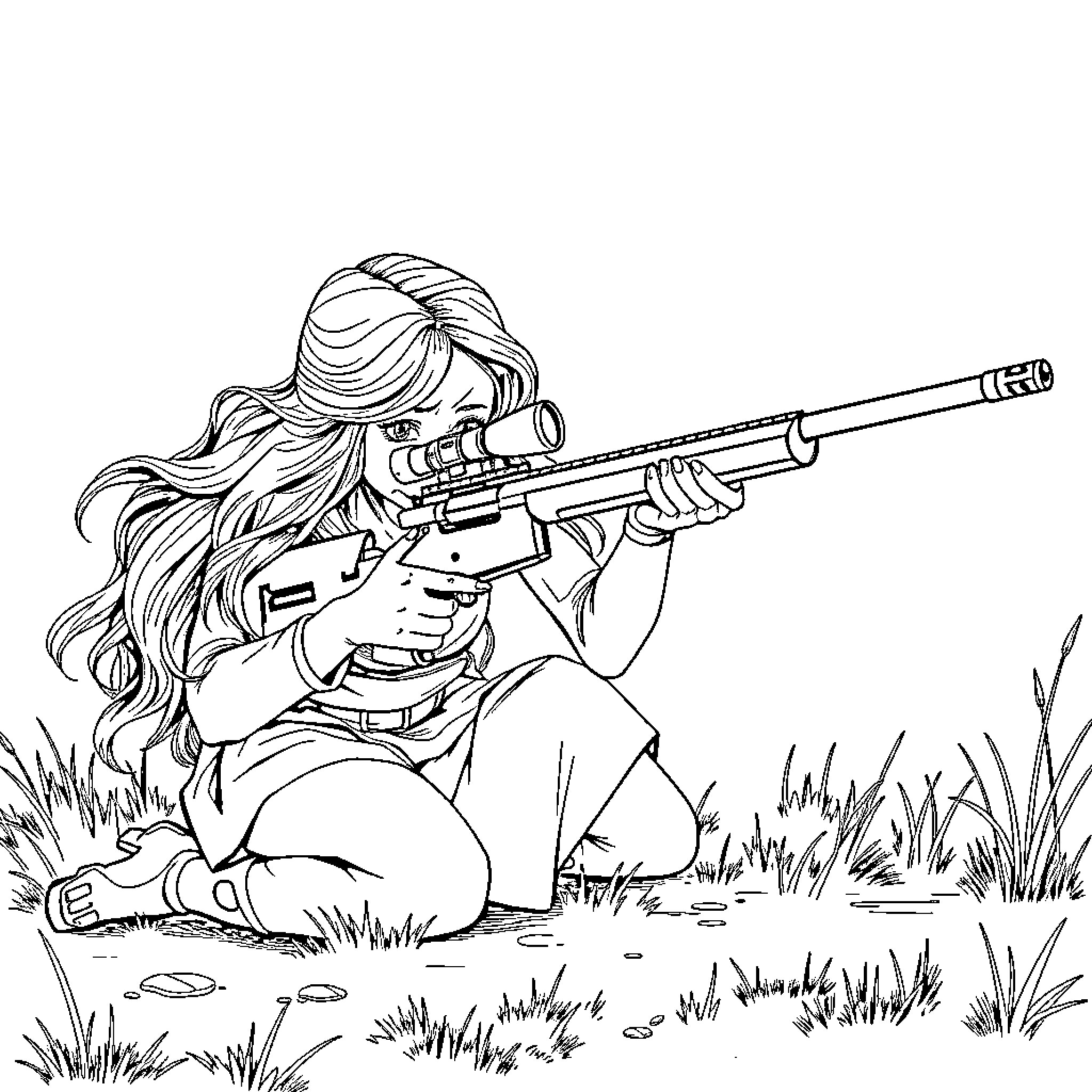 Lady aiming rifle in grassy field Coloring Page (free black-and-white line drawing printable PDF for all, from beginners to advanced learners, including children, teens, adults, and seniors)