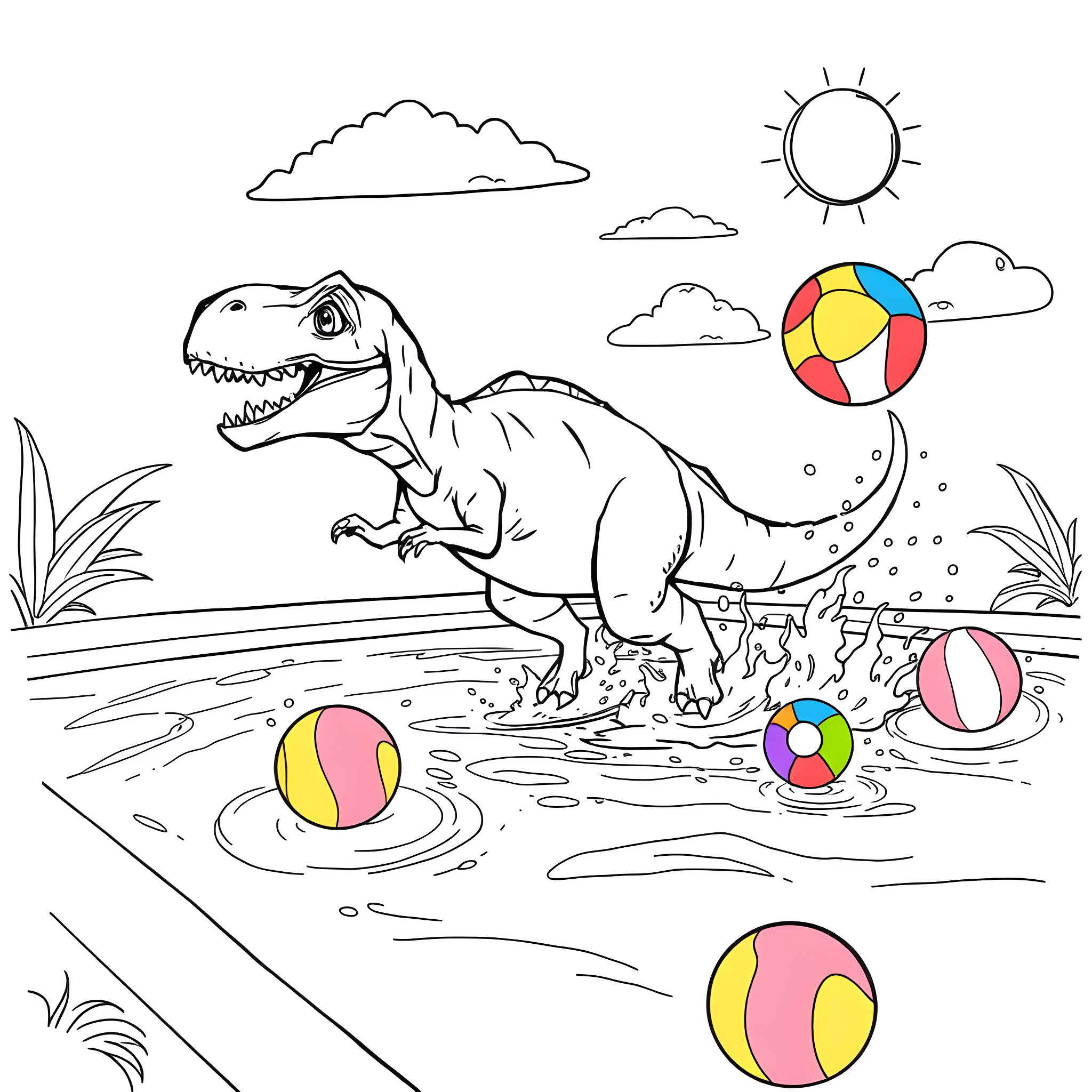 Dinosaur splashing in the water with beach balls Coloring Page (free black-and-white line drawing printable PDF for all, from beginners to advanced learners, including children, teens, adults, and seniors)