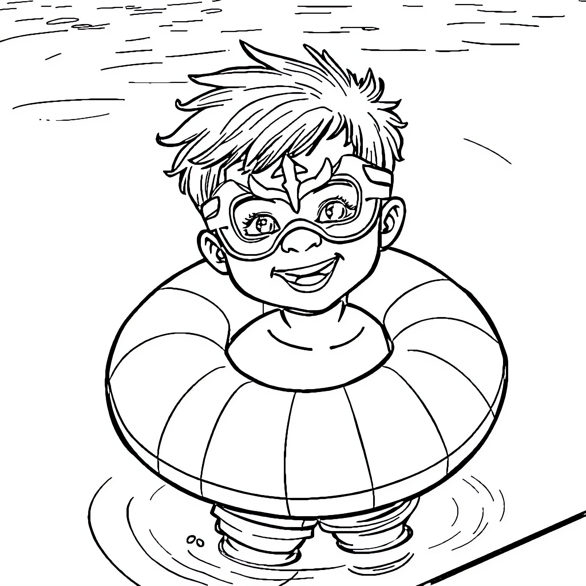 Enfant enjoying swimming with inner tube Coloring Page (free black-and-white line drawing printable PDF for all, from beginners to advanced learners, including children, teens, adults, and seniors)