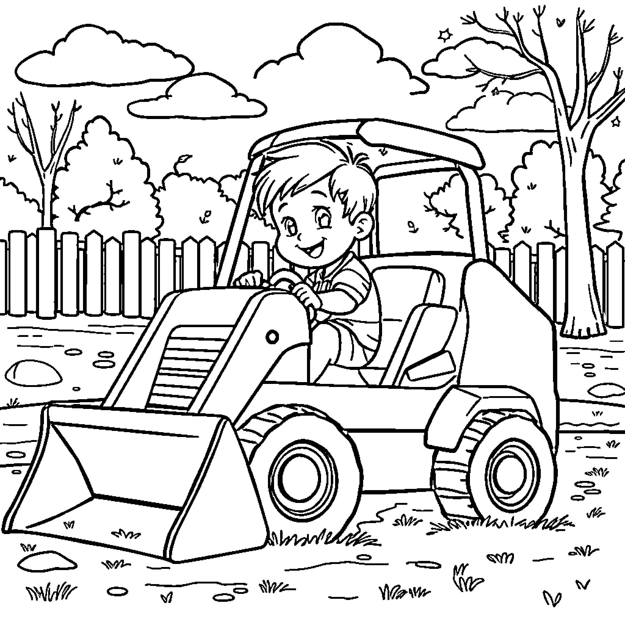 Bobcat operating a construction vehicle in a wooded area Coloring Page (free black-and-white line drawing printable PDF for all, from beginners to advanced learners, including children, teens, adults, and seniors)