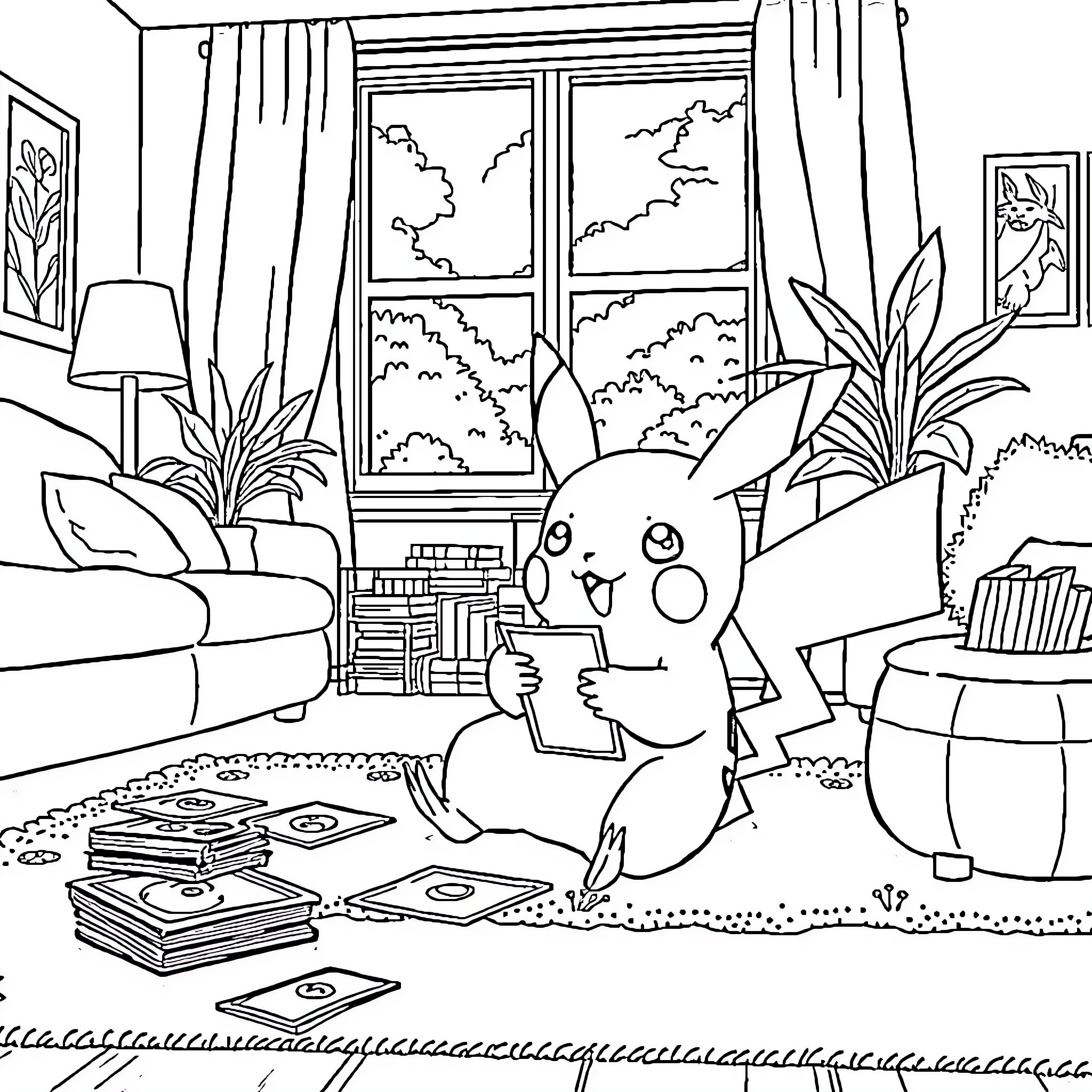 Pikachu enjoying a cozy indoor scene Coloring Page (free black-and-white line drawing printable PDF for all, from beginners to advanced learners, including children, teens, adults, and seniors)
