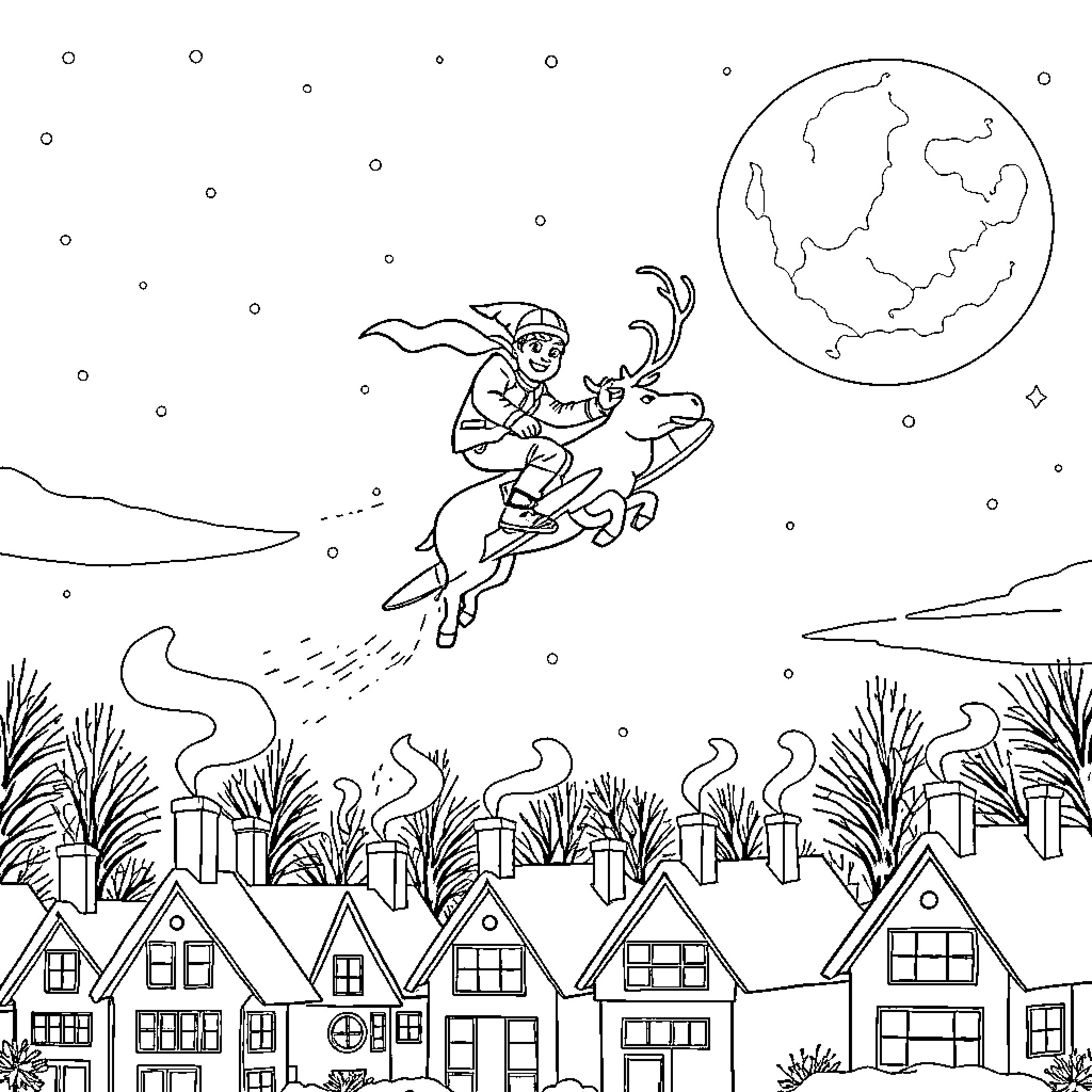 Surfer riding waves under the moonlight Coloring Page (free black-and-white line drawing printable PDF for all, from beginners to advanced learners, including children, teens, adults, and seniors)