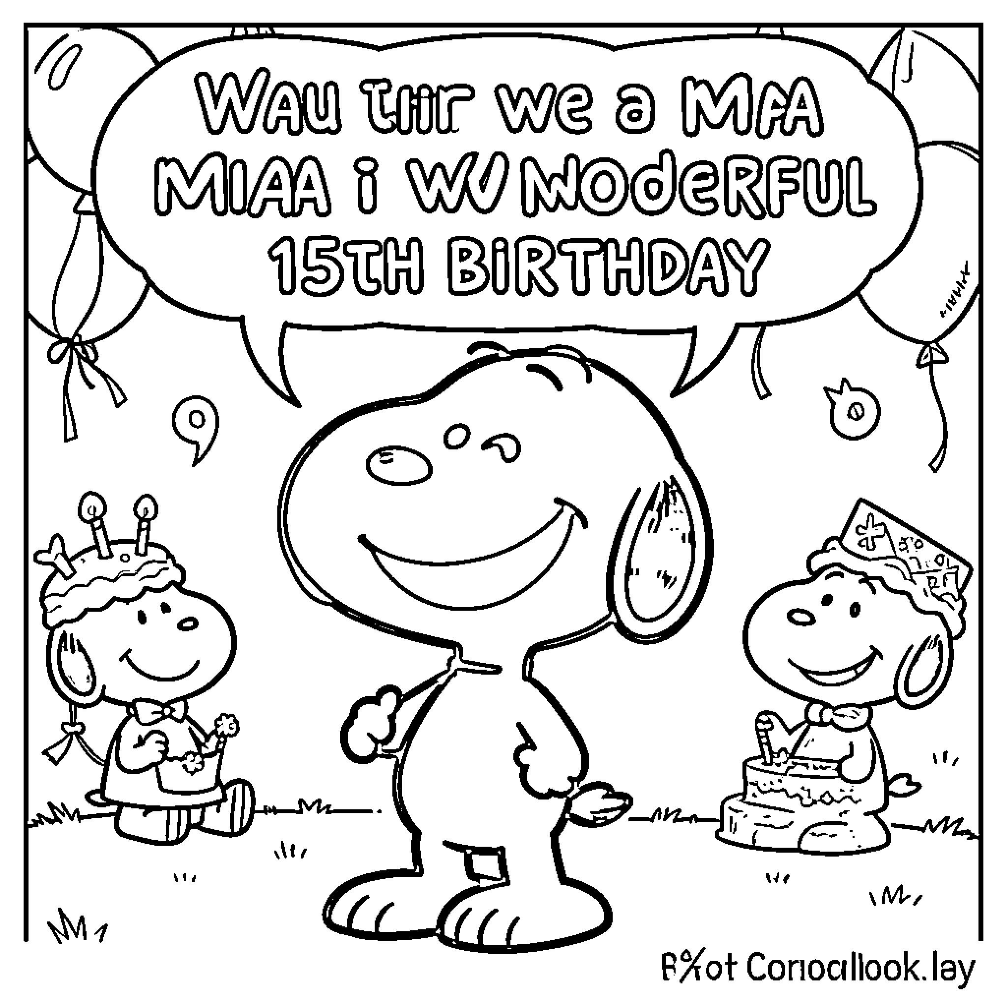Snoopy celebrates a wonderful 15th birthday Coloring Page (free black-and-white line drawing printable PDF for all, from beginners to advanced learners, including children, teens, adults, and seniors)