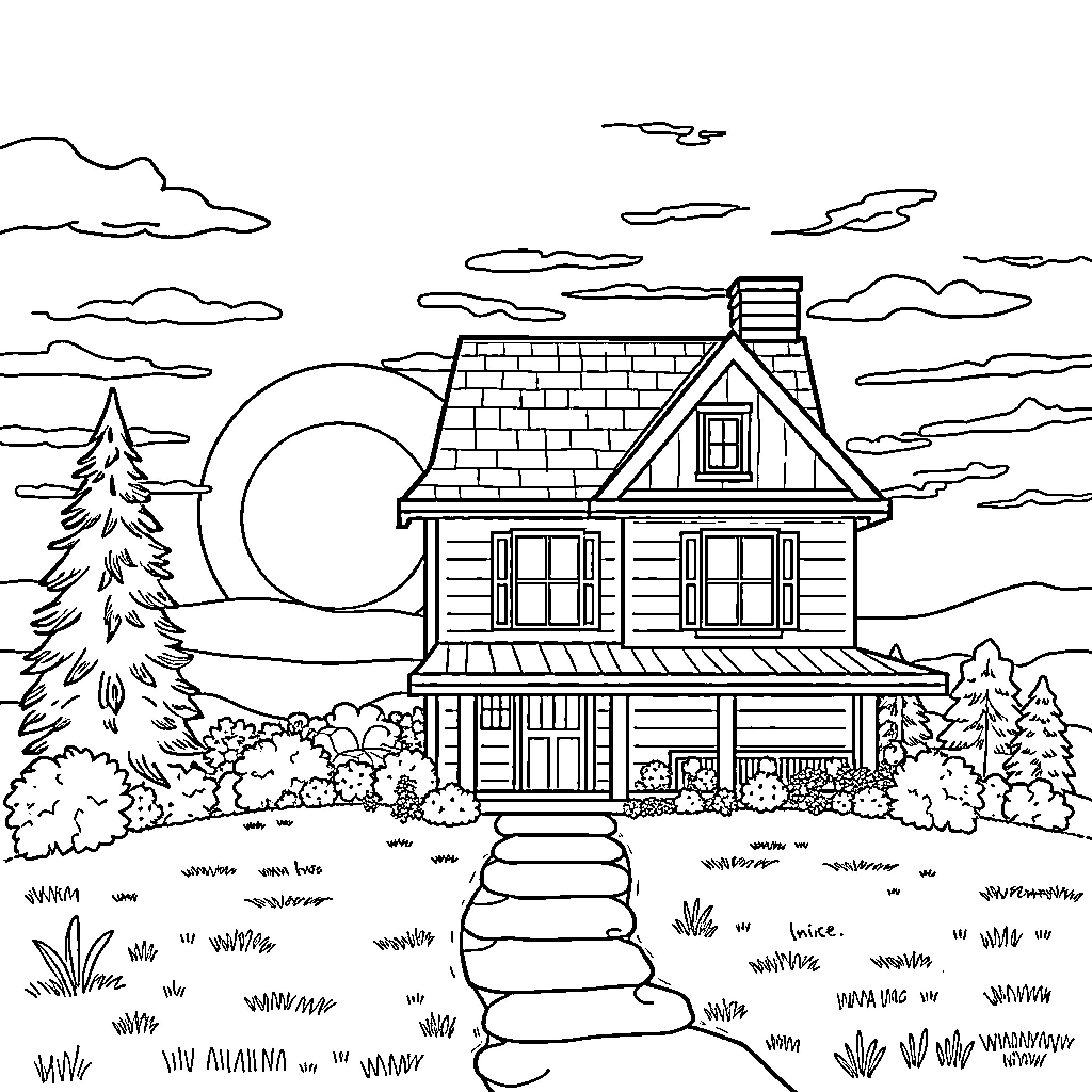House in a rural landscape with trees and clouds Coloring Page (free black-and-white line drawing printable PDF for all, from beginners to advanced learners, including children, teens, adults, and seniors)