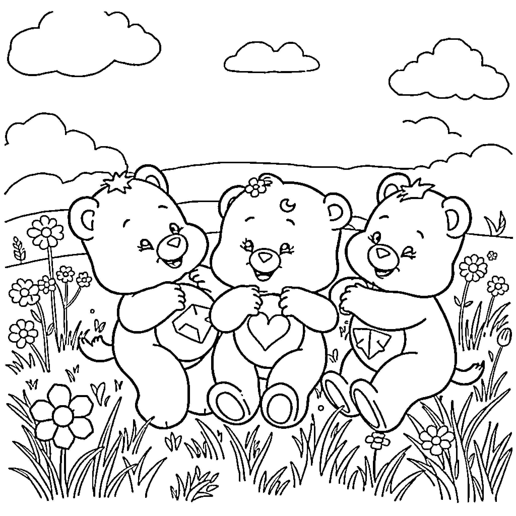 Care Bears embracing and playing in a flowery field Coloring Page (free black-and-white line drawing printable PDF for all, from beginners to advanced learners, including children, teens, adults, and seniors)