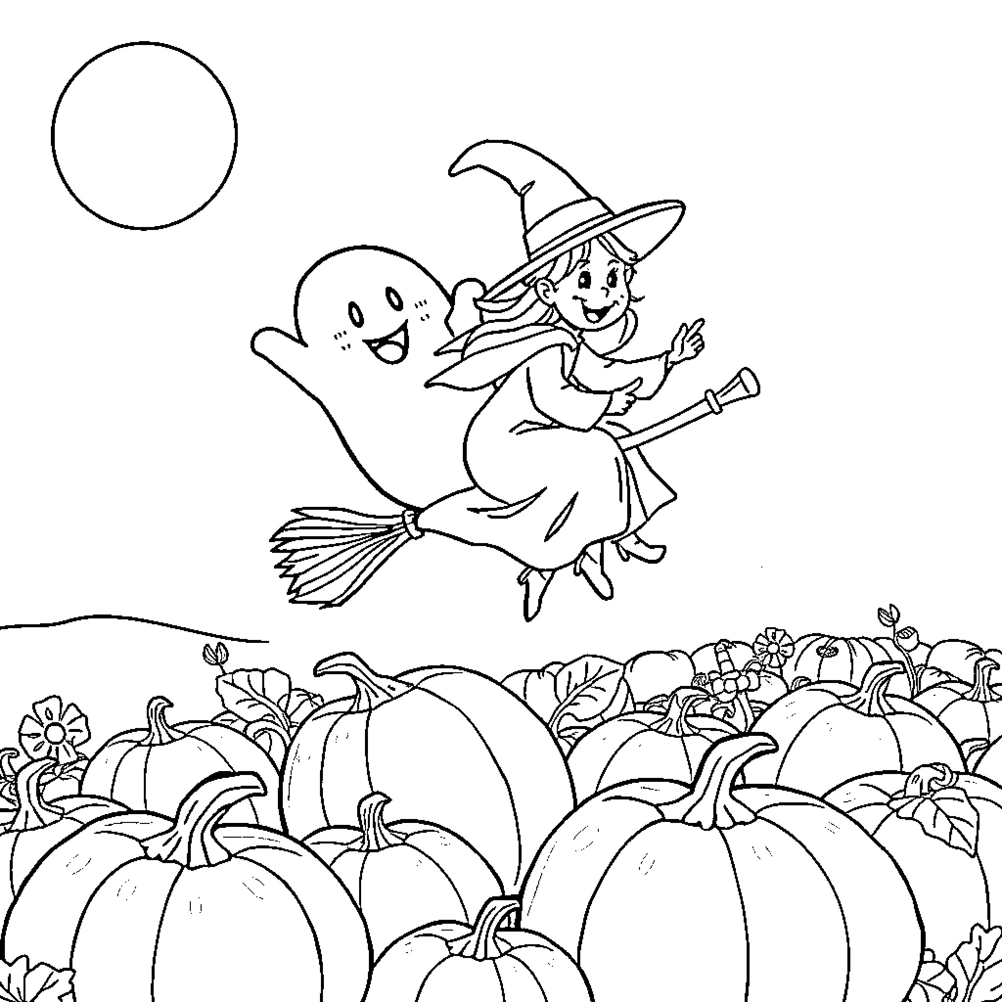 Ghost witch flying above pumpkin patch Coloring Page (free black-and-white line drawing printable PDF for all, from beginners to advanced learners, including children, teens, adults, and seniors)