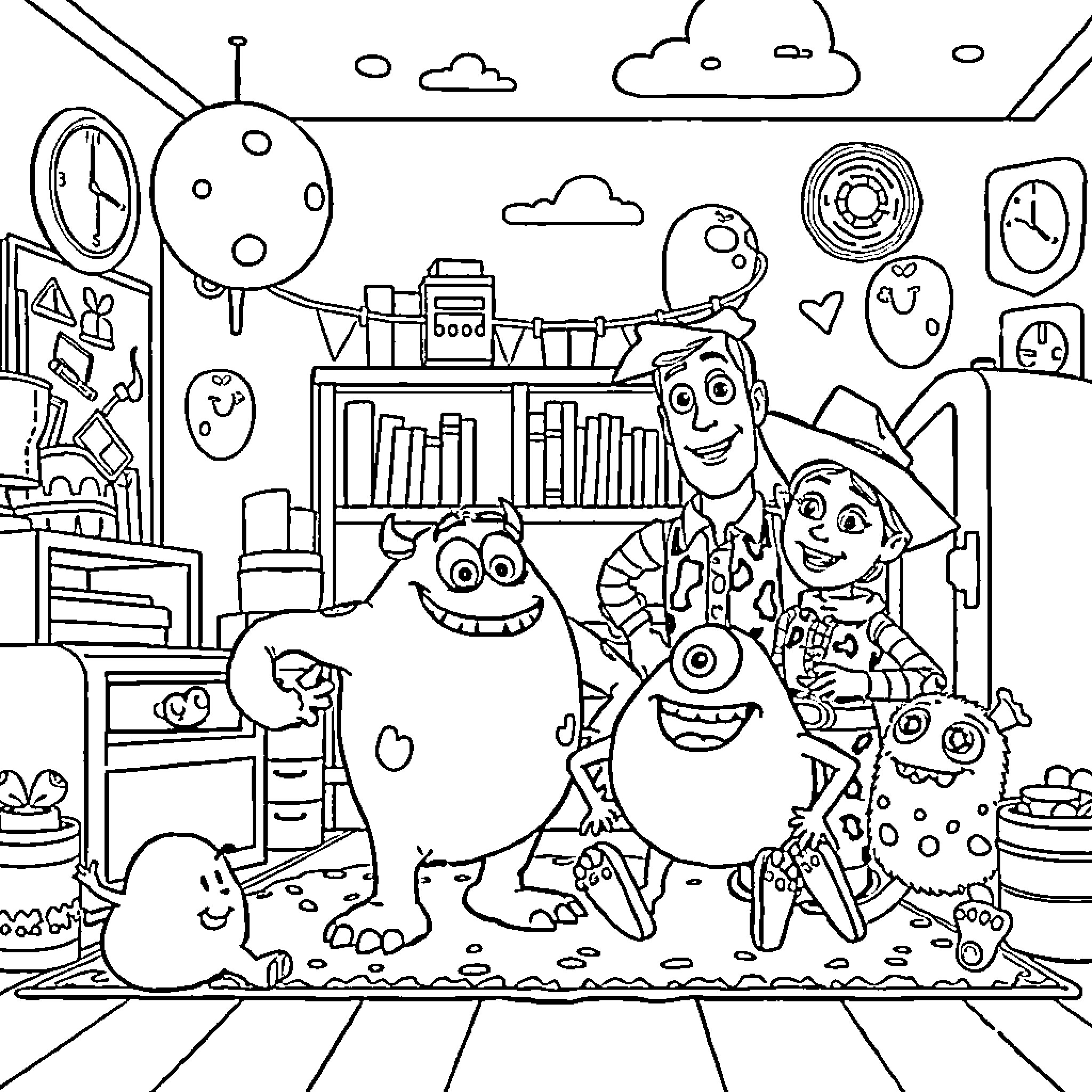 Monster friends in a whimsical workspace Coloring Page (free black-and-white line drawing printable PDF for all, from beginners to advanced learners, including children, teens, adults, and seniors)