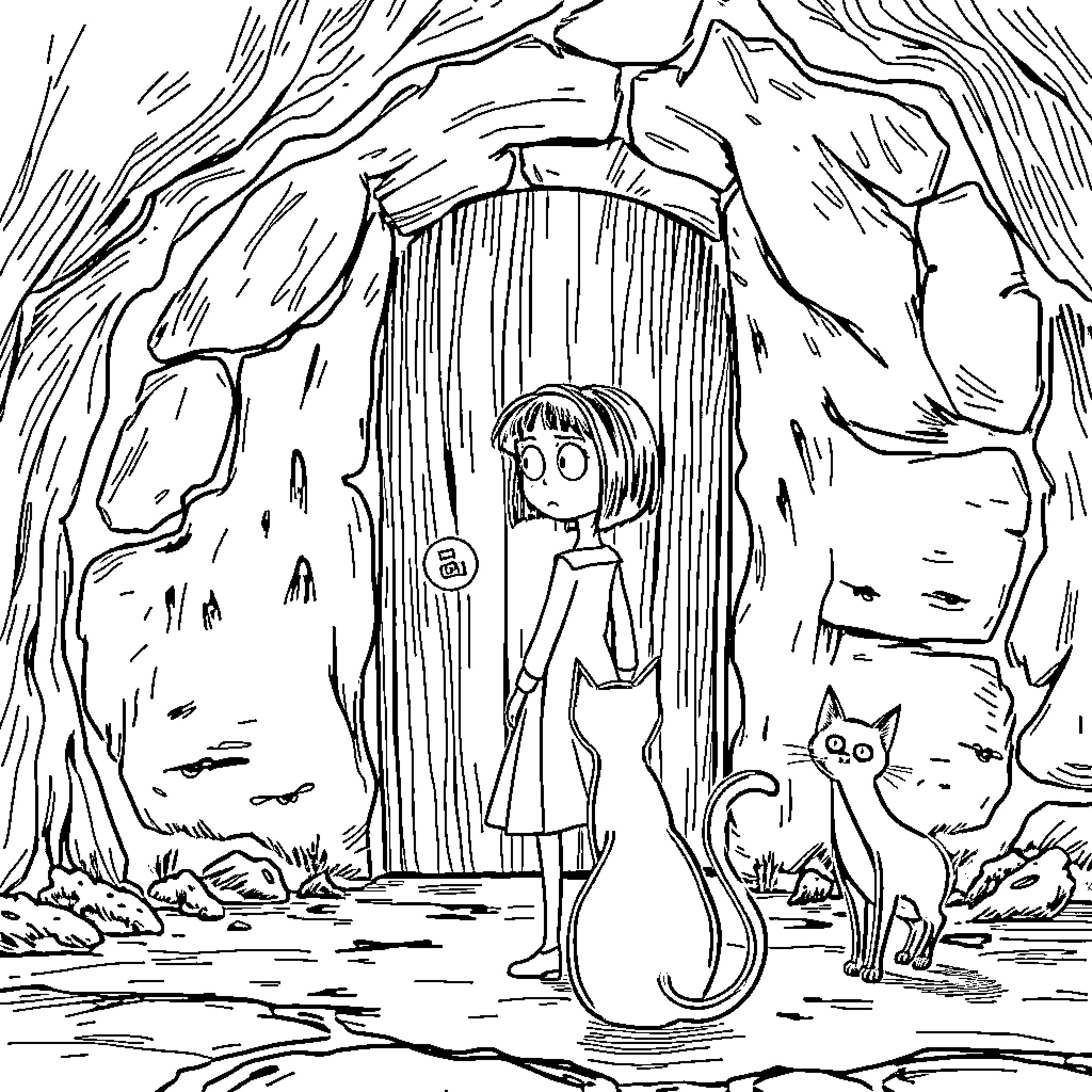 Coraline exploring the magical world with her cat companion Coloring Page (free black-and-white line drawing printable PDF for all, from beginners to advanced learners, including children, teens, adults, and seniors)