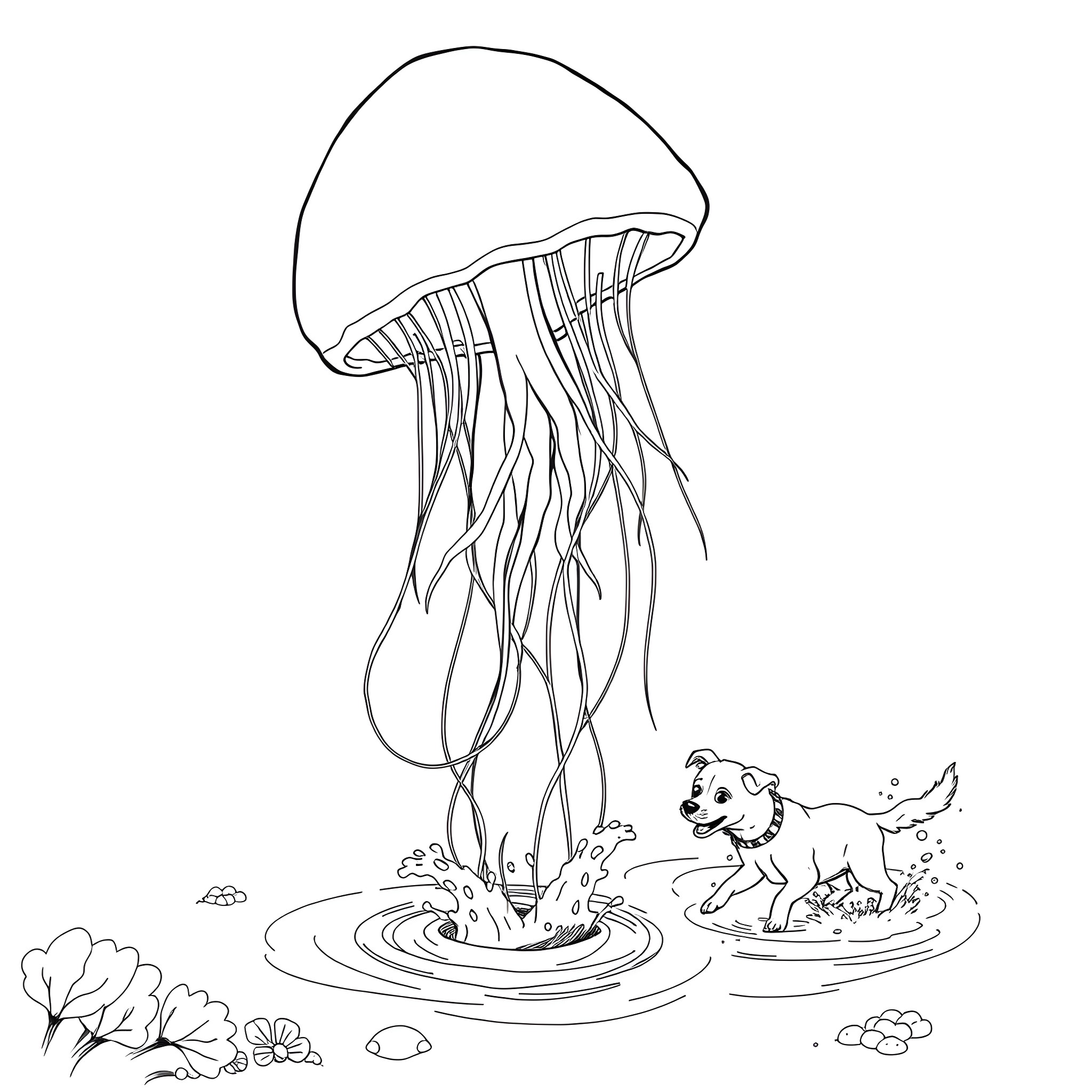 Jellyfish and puppy in underwater scene Coloring Page (free black-and-white line drawing printable PDF for all, from beginners to advanced learners, including children, teens, adults, and seniors)