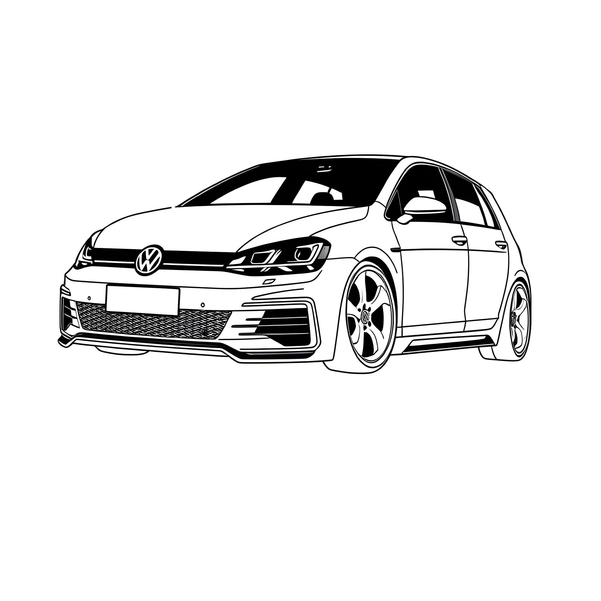 Volkswagen Golf in dynamic driving pose Coloring Page (free black-and-white line drawing printable PDF for all, from beginners to advanced learners, including children, teens, adults, and seniors)