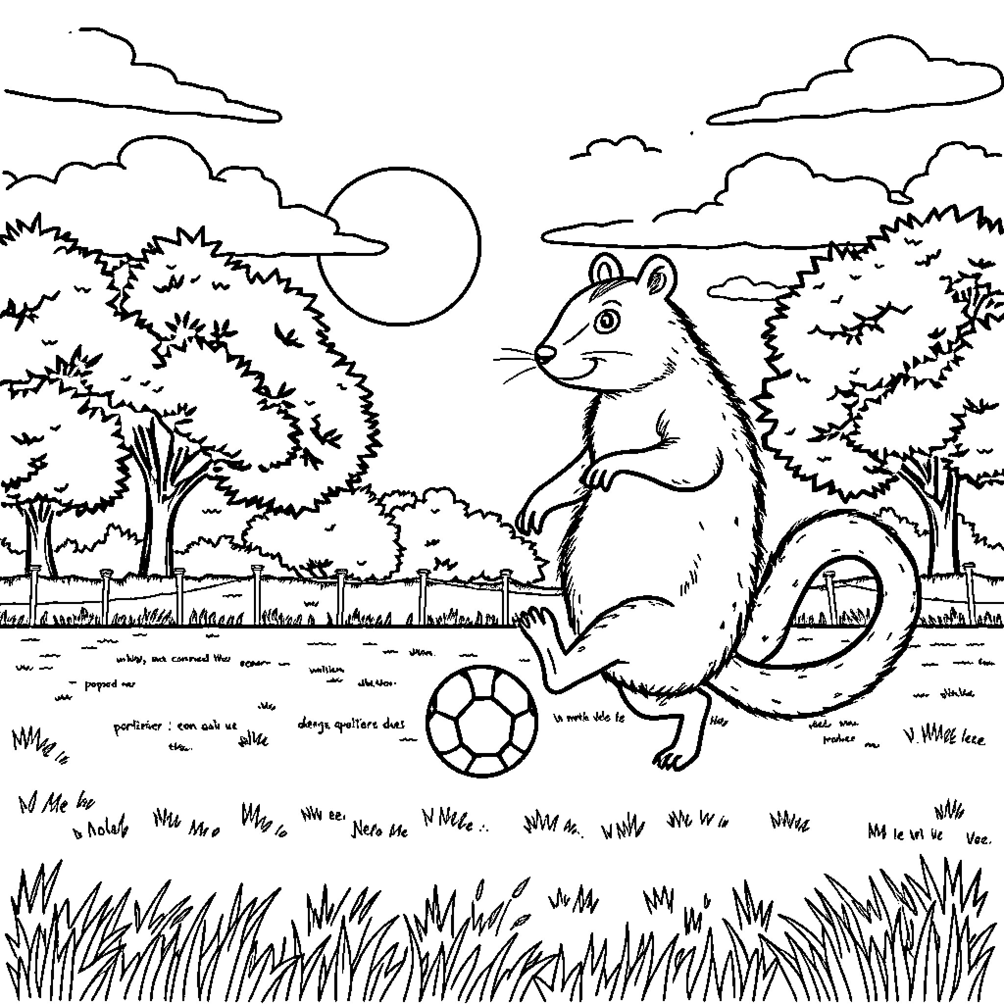 Capybara playing with a ball in the park Coloring Page (free black-and-white line drawing printable PDF for all, from beginners to advanced learners, including children, teens, adults, and seniors)