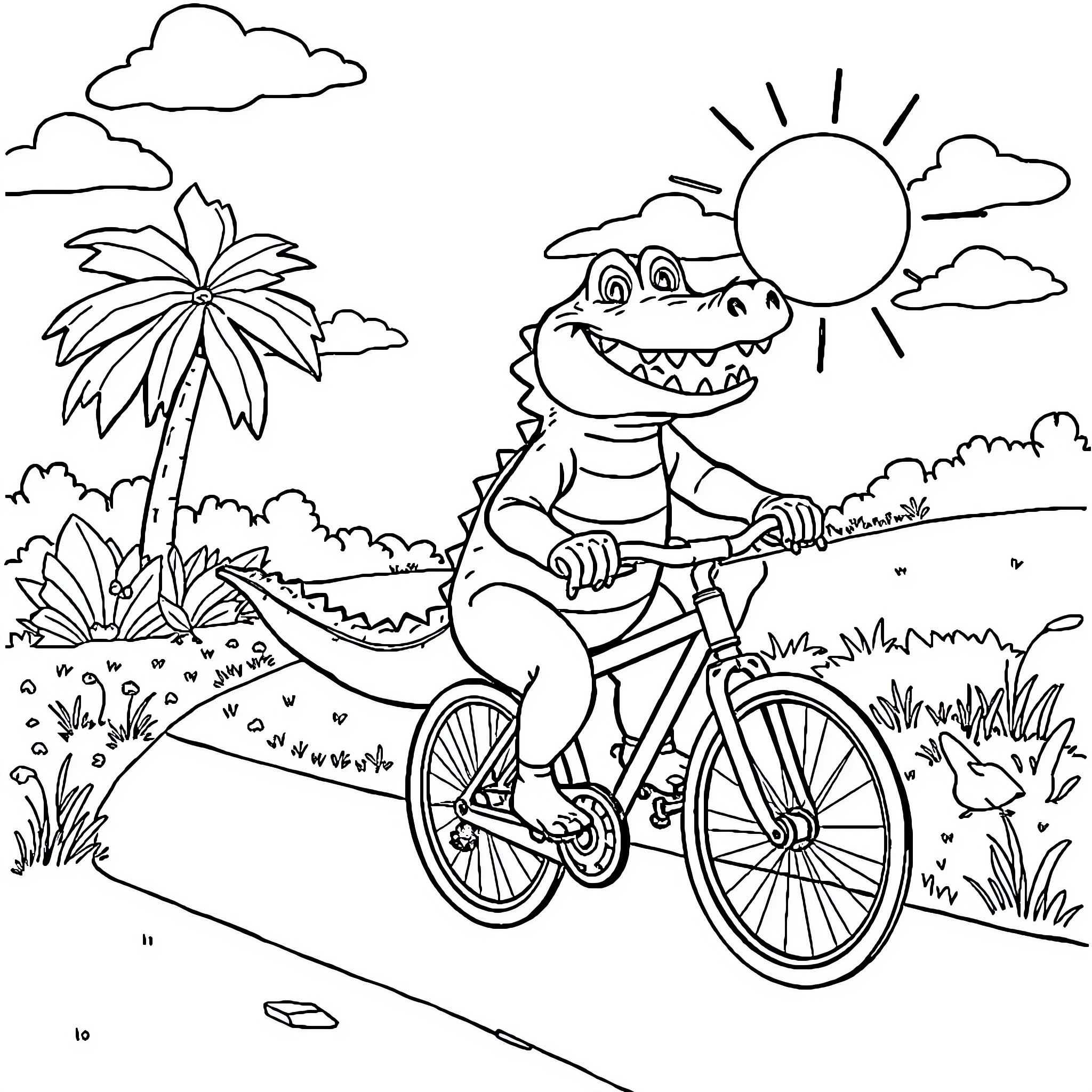 Croc riding bicycle in tropical landscape Coloring Page (free black-and-white line drawing printable PDF for all, from beginners to advanced learners, including children, teens, adults, and seniors)