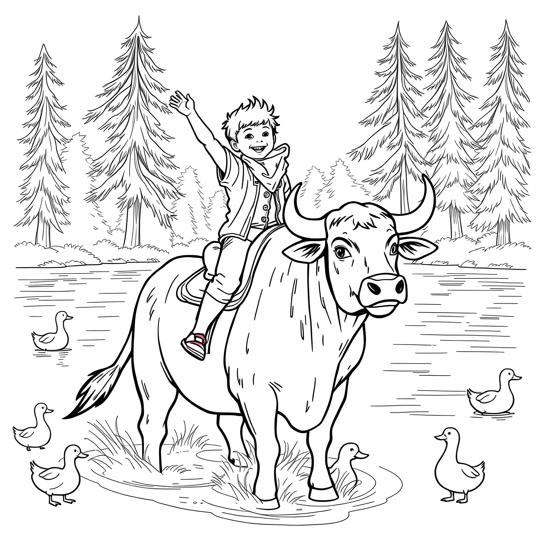 Bull Riding Adventure in the Wilderness Coloring Page (free black-and-white line drawing printable PDF for all, from beginners to advanced learners, including children, teens, adults, and seniors)