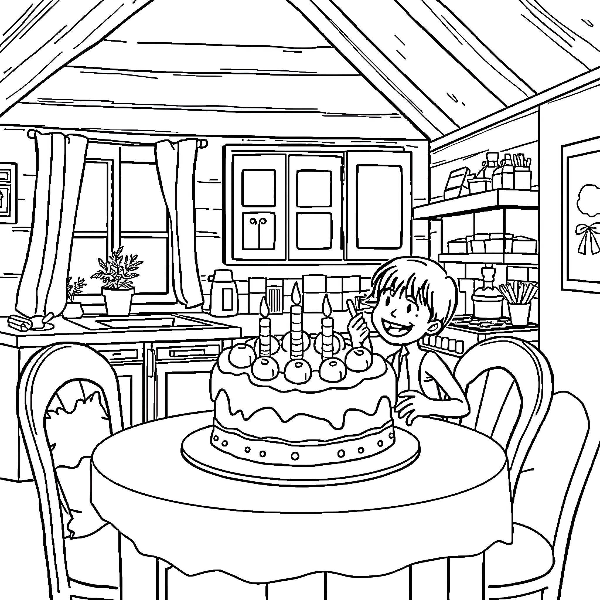 House with a boy celebrating his birthday Coloring Page (free black-and-white line drawing printable PDF for all, from beginners to advanced learners, including children, teens, adults, and seniors)