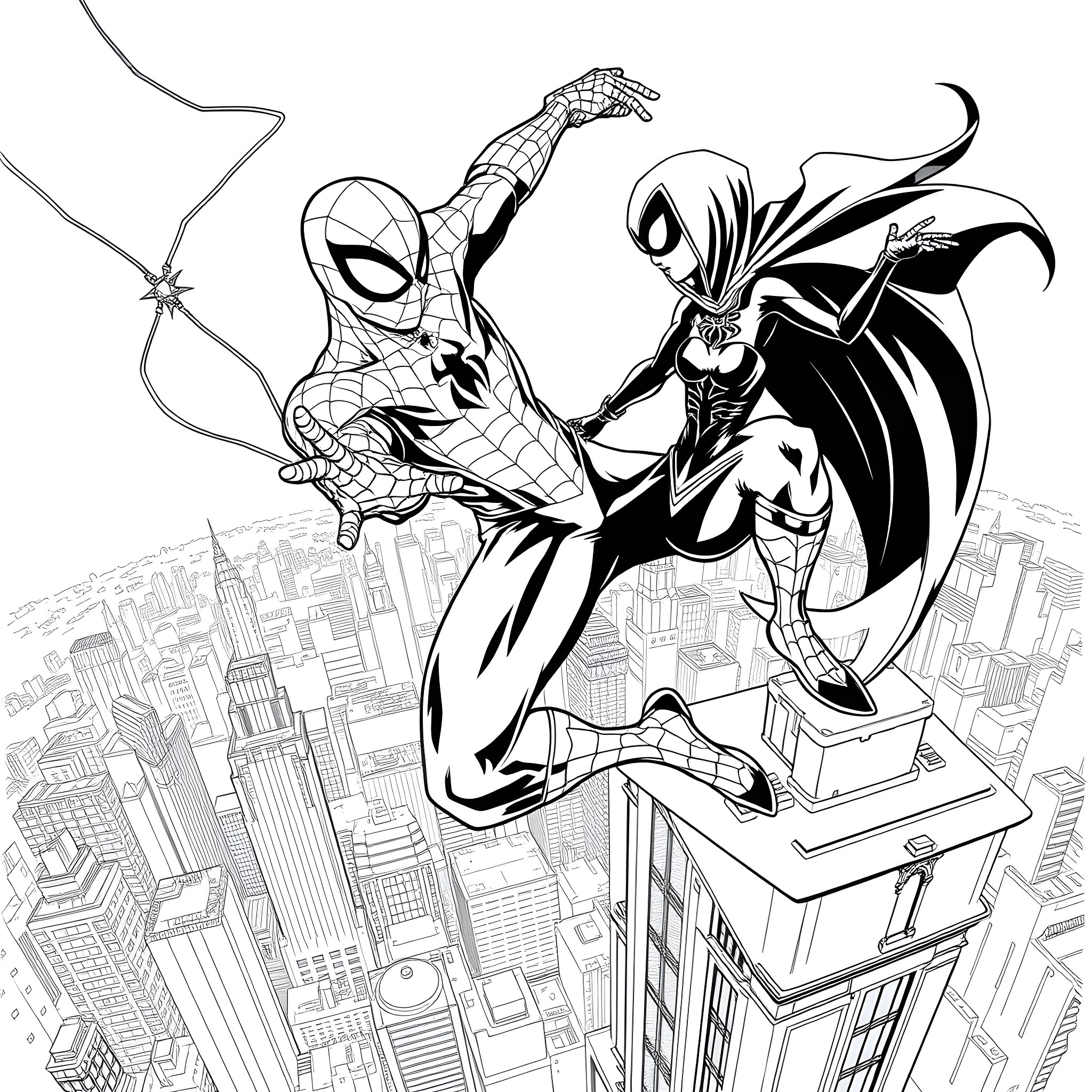 Spiderman battling a supervillain in the city Coloring Page (free black-and-white line drawing printable PDF for all, from beginners to advanced learners, including children, teens, adults, and seniors)