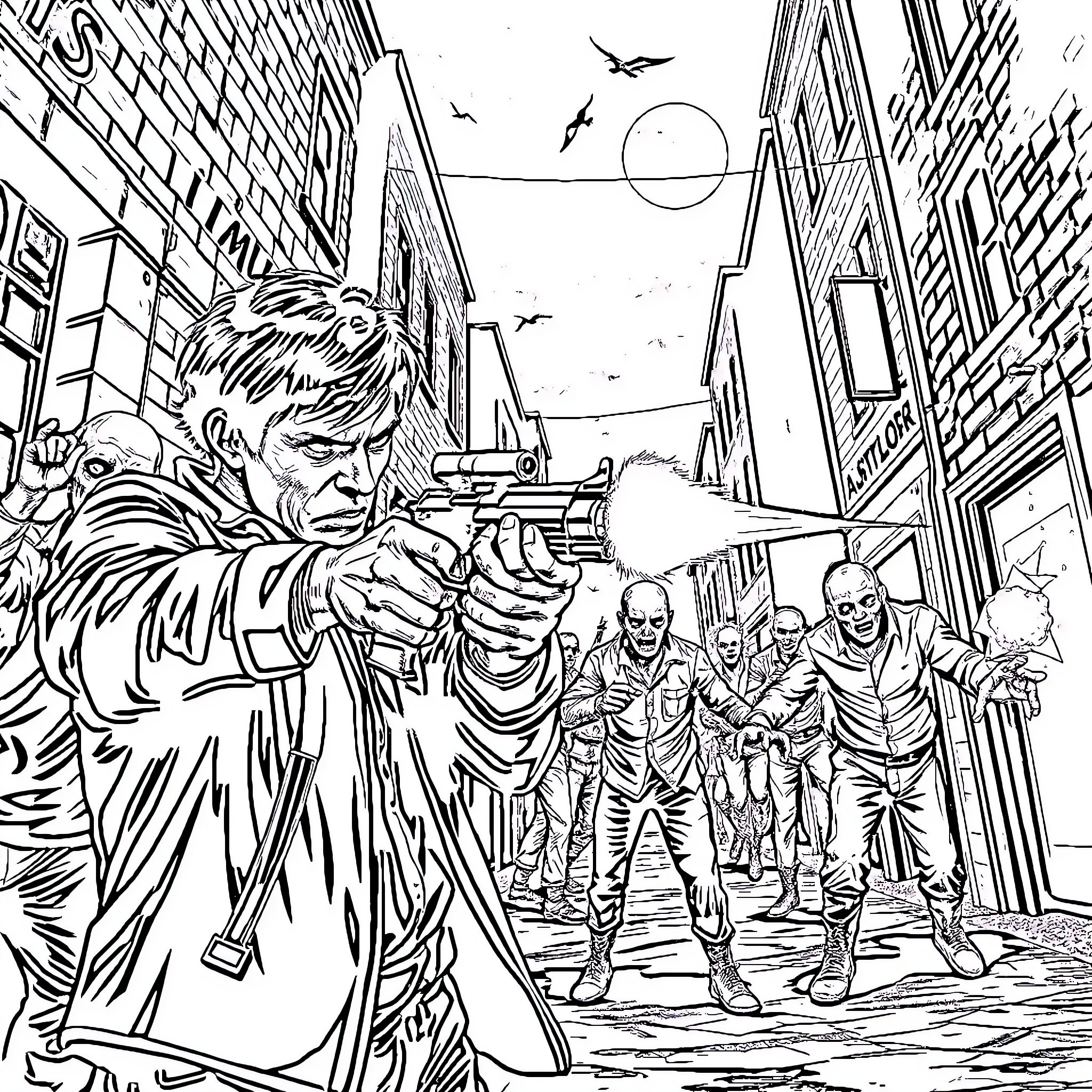 Leon Scott Kennedy fighting zombies in the city Coloring Page (free black-and-white line drawing printable PDF for all, from beginners to advanced learners, including children, teens, adults, and seniors)