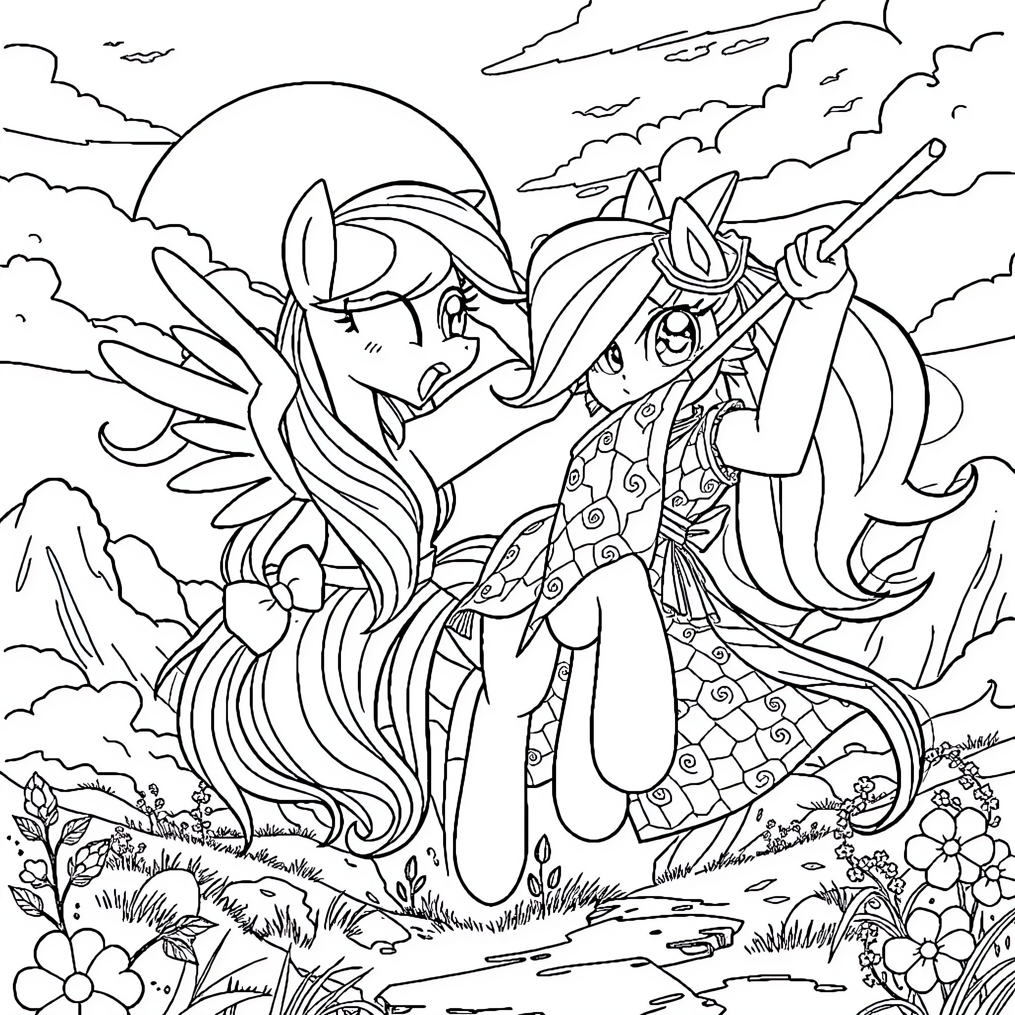 Rainbow Dash and Celestia in Enchanted Meadow Coloring Page (free black-and-white line drawing printable PDF for all, from beginners to advanced learners, including children, teens, adults, and seniors)
