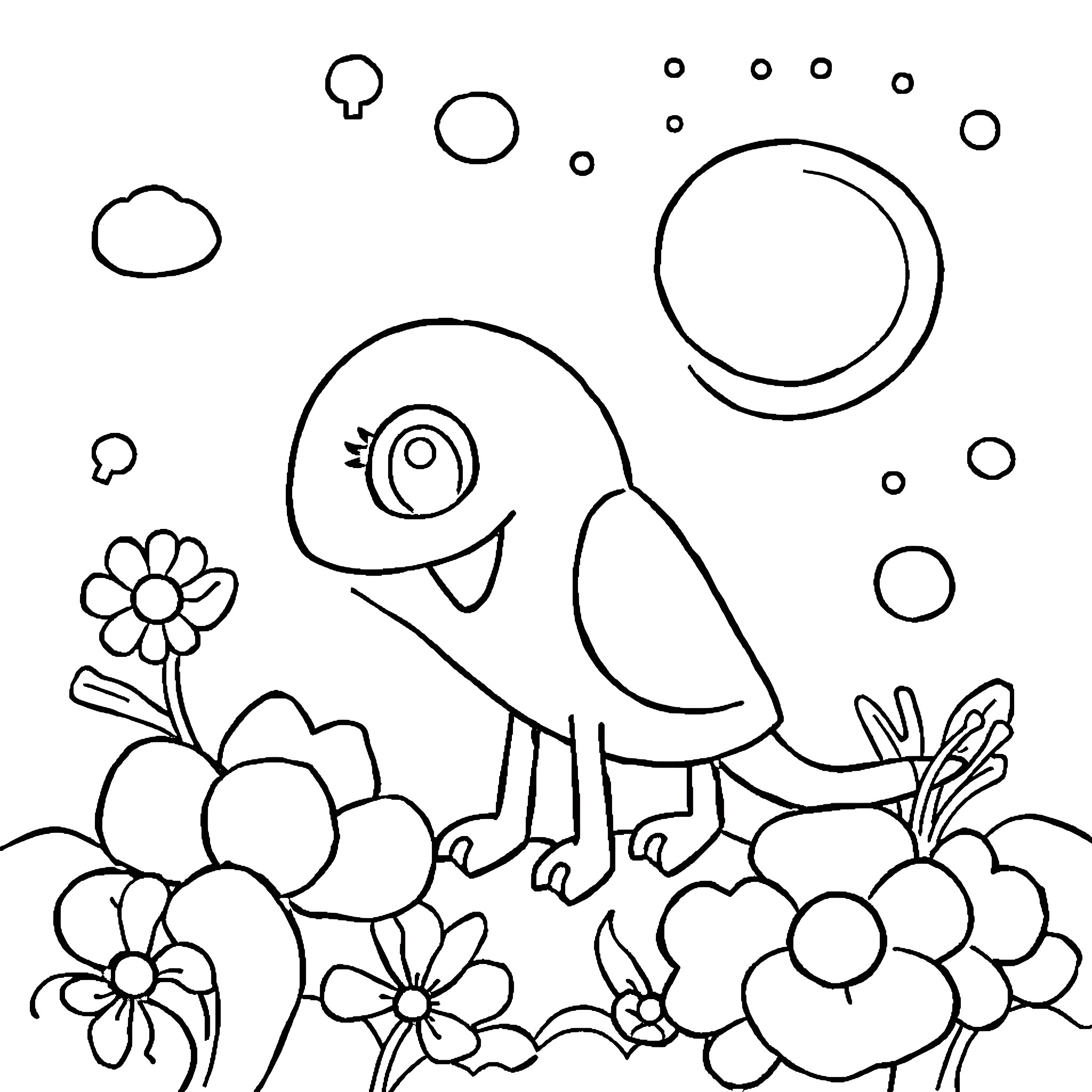 Image of a whimsical creature in a floral landscape Coloring Page (free black-and-white line drawing printable PDF for all, from beginners to advanced learners, including children, teens, adults, and seniors)