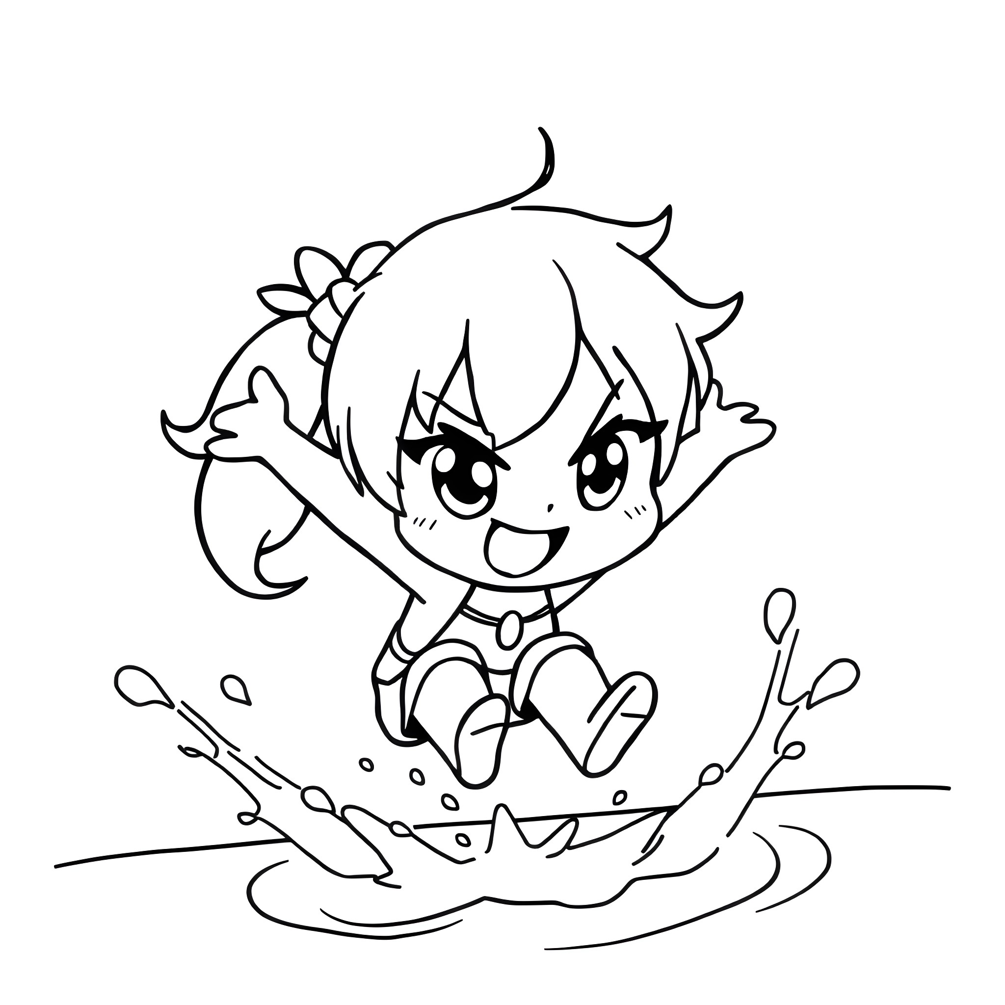 Kuromi enjoying the splashing water Coloring Page (free black-and-white line drawing printable PDF for all, from beginners to advanced learners, including children, teens, adults, and seniors)