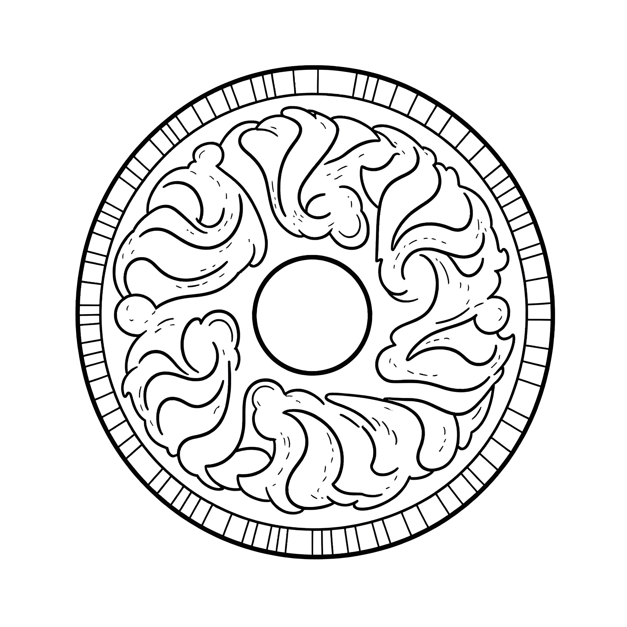 Viking Shield with Intricate Ornamental Design Coloring Page (free black-and-white line drawing printable PDF for all, from beginners to advanced learners, including children, teens, adults, and seniors)