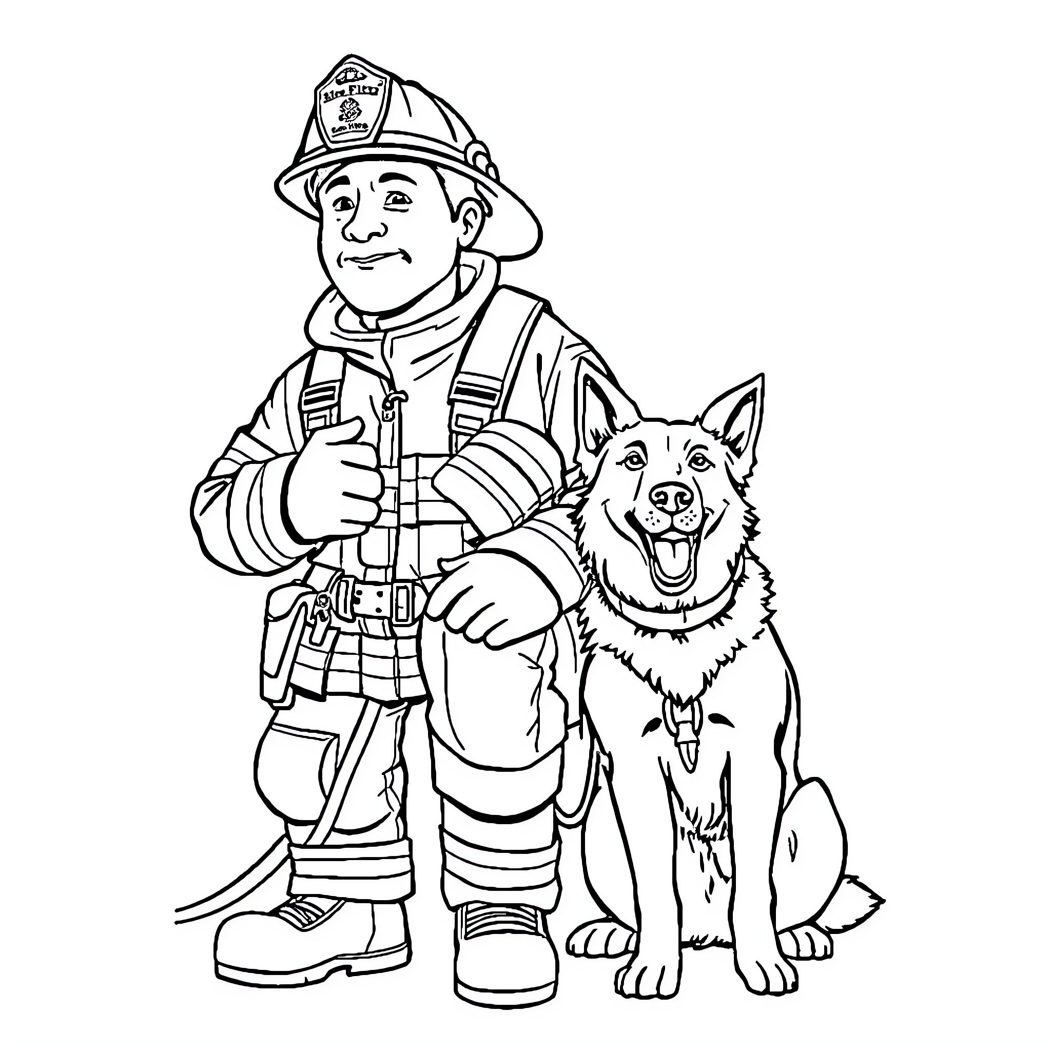 Firefighter and his loyal dog partner Coloring Page (free black-and-white line drawing printable PDF for all, from beginners to advanced learners, including children, teens, adults, and seniors)