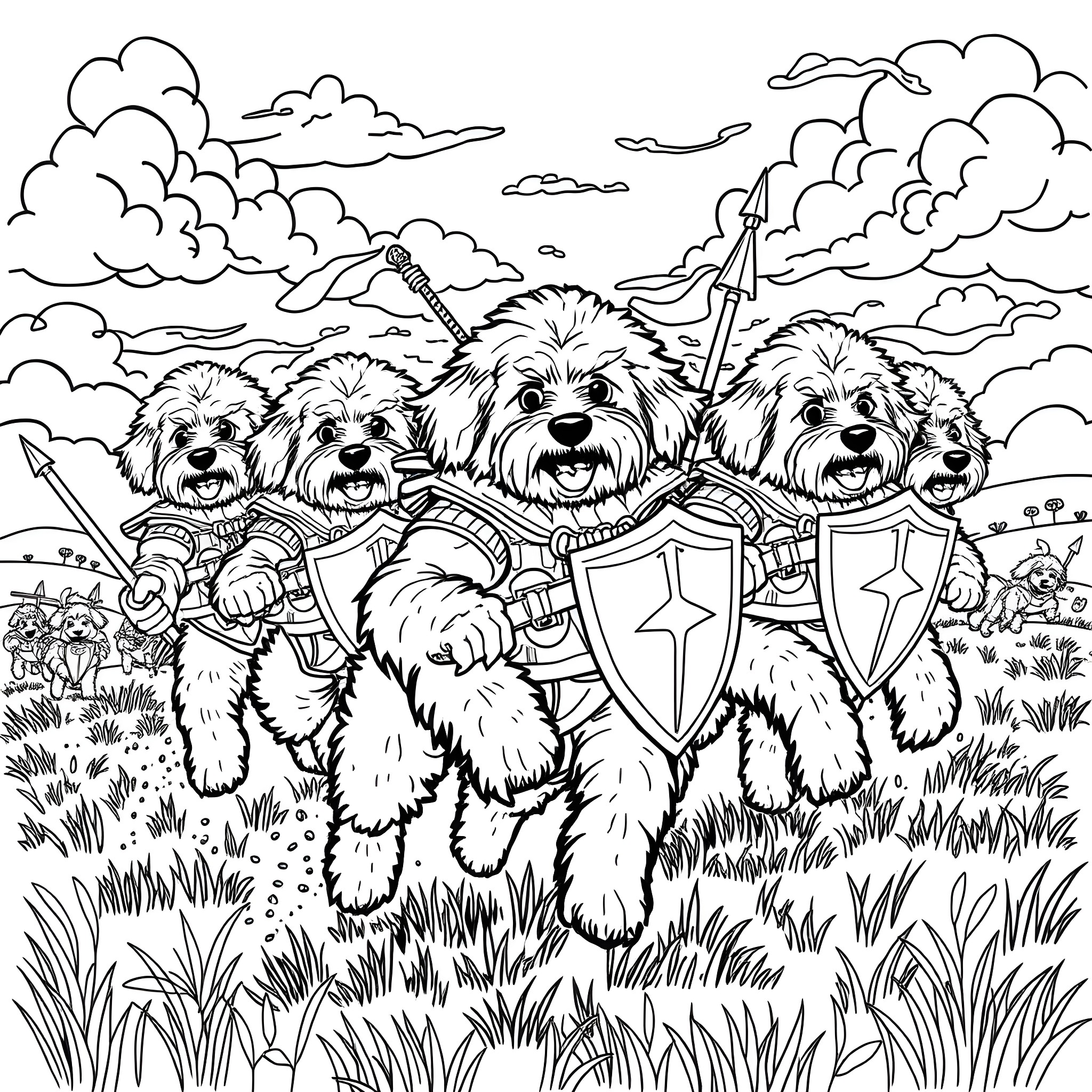 Goldendoodle Pups in Armored Adventure Coloring Page (free black-and-white line drawing printable PDF for all, from beginners to advanced learners, including children, teens, adults, and seniors)