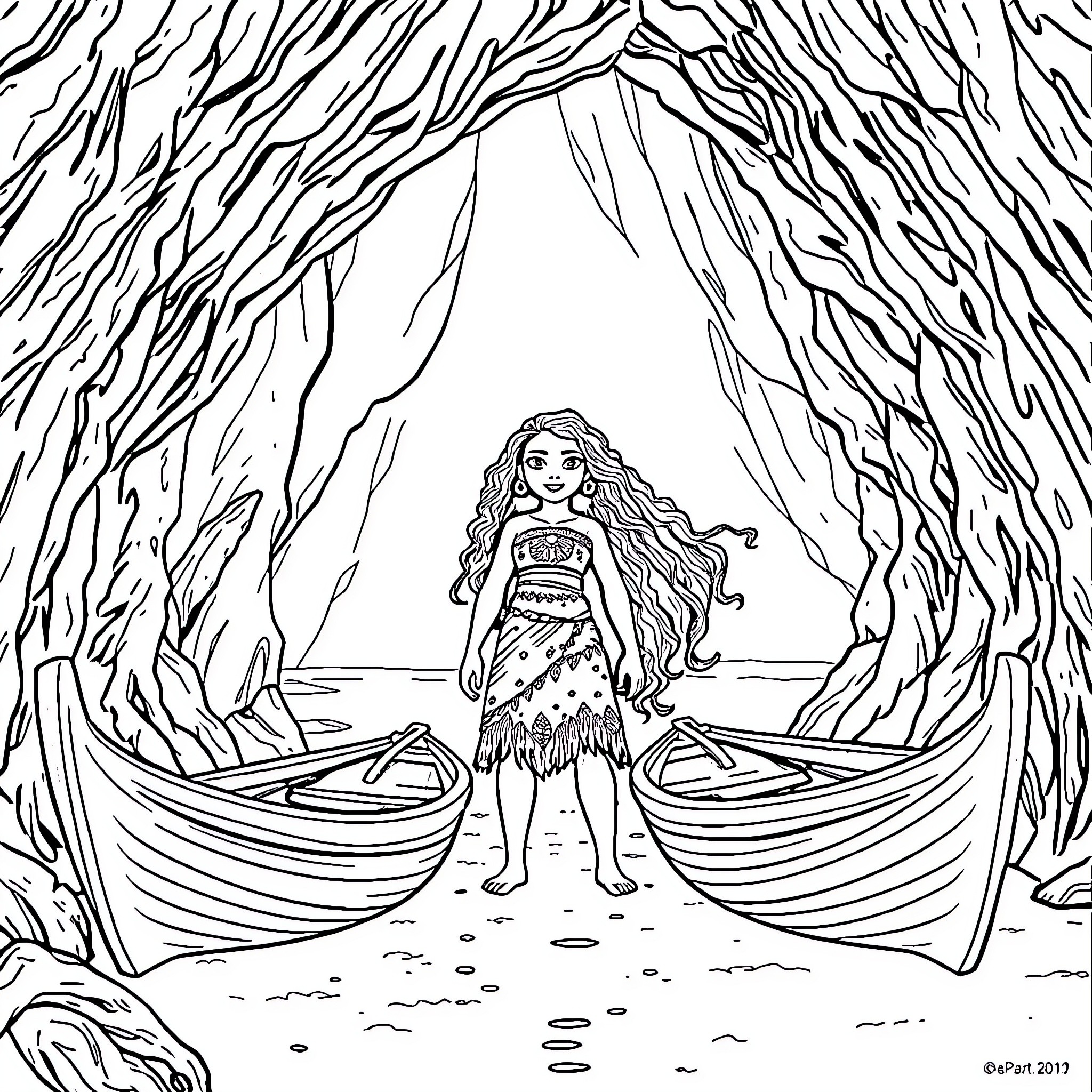 Moana exploring the mysterious ocean landscape Coloring Page (free black-and-white line drawing printable PDF for all, from beginners to advanced learners, including children, teens, adults, and seniors)