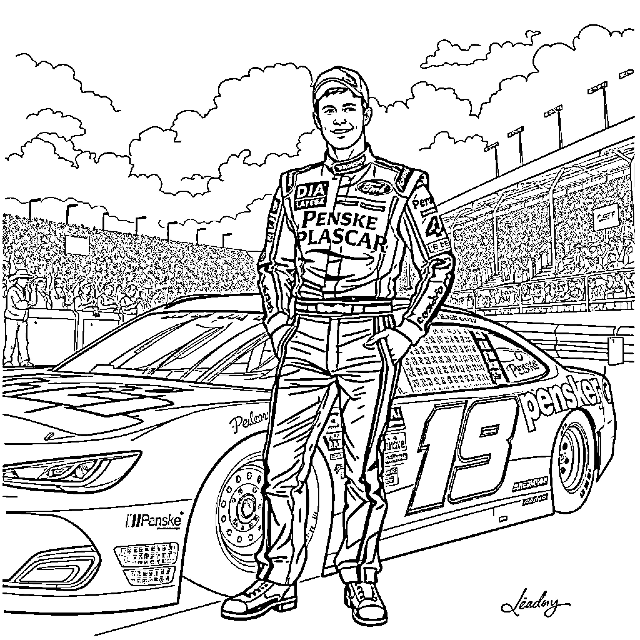 Ryan Blaney standing next to his race car at the racetrack Coloring Page (free black-and-white line drawing printable PDF for all, from beginners to advanced learners, including children, teens, adults, and seniors)