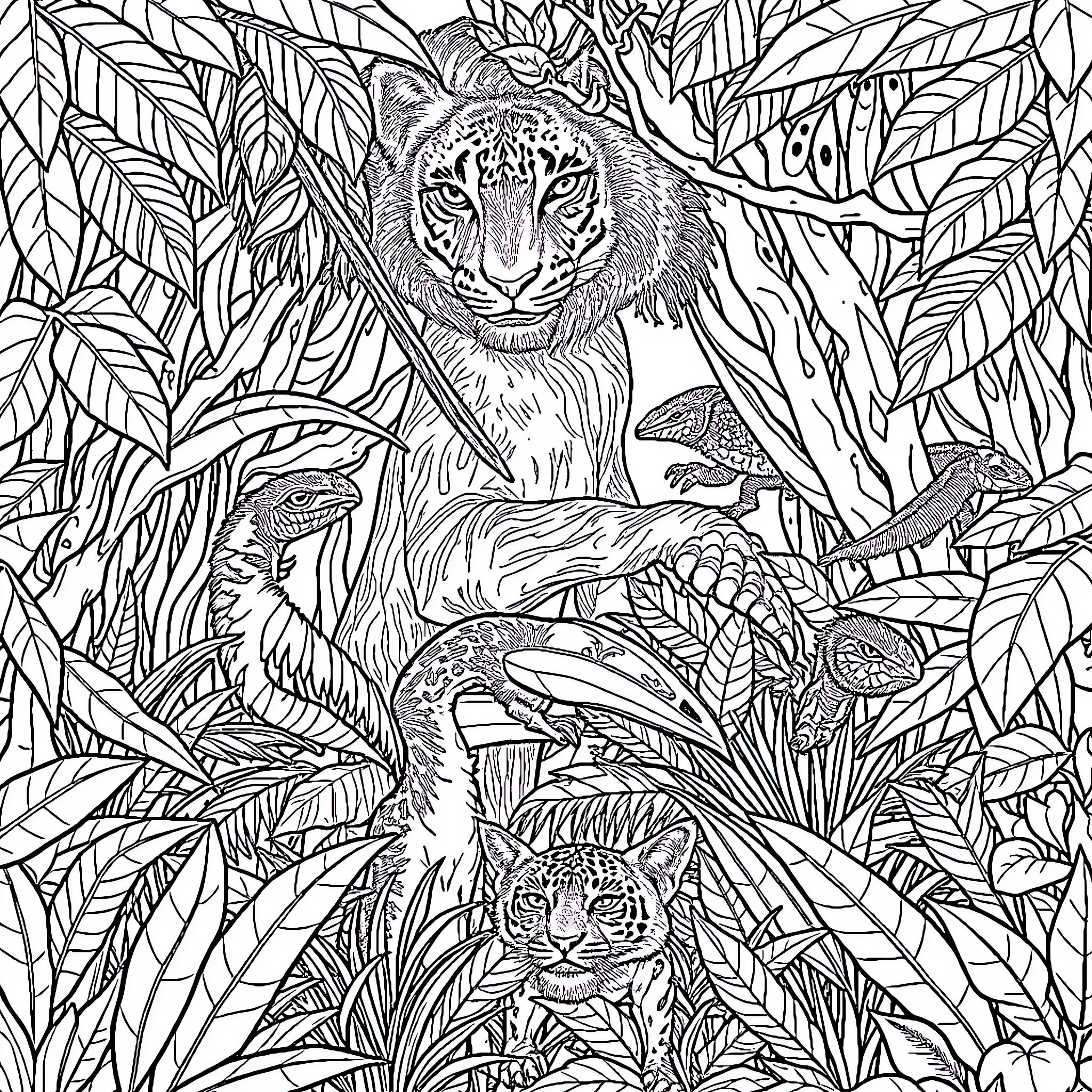 Jungle Animal Exploring the Lush Foliage Coloring Page (free black-and-white line drawing printable PDF for all, from beginners to advanced learners, including children, teens, adults, and seniors)