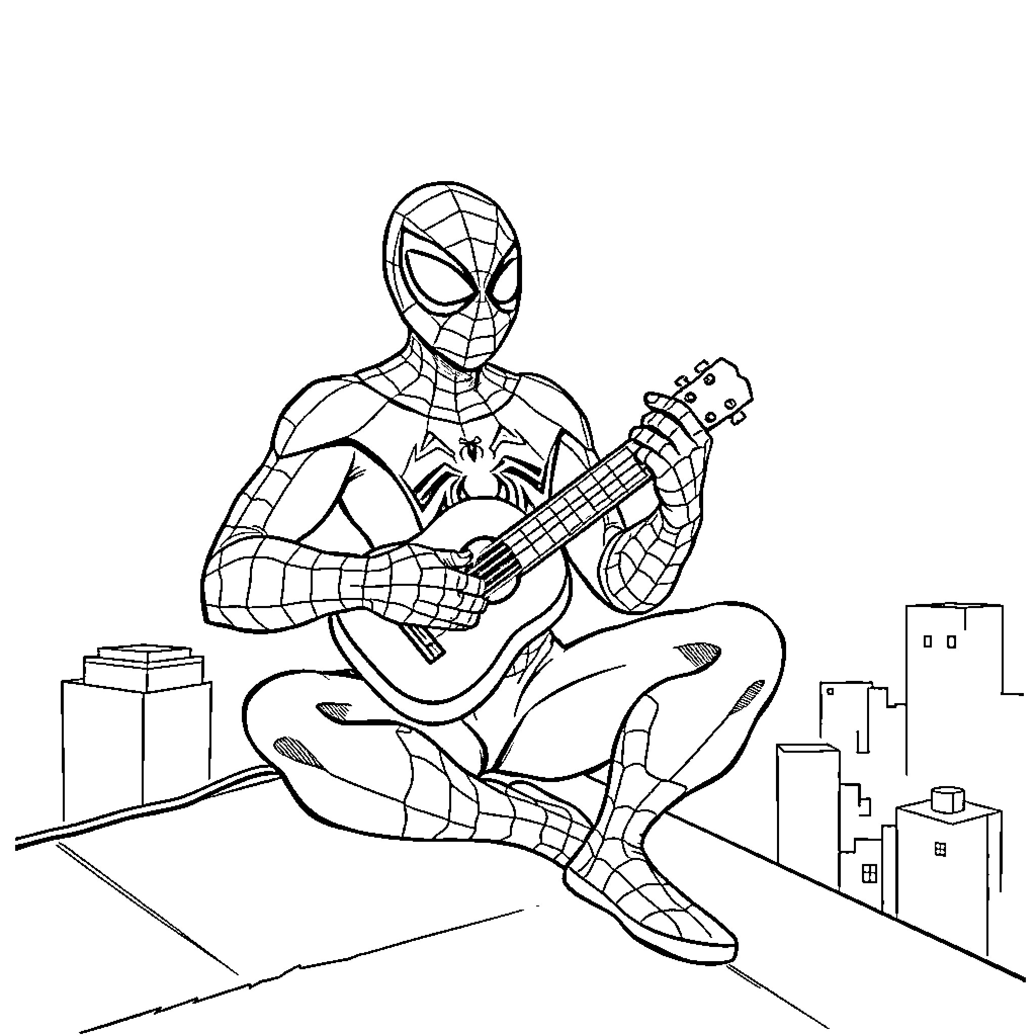 Spider-Man plays guitar on city rooftops Coloring Page (free black-and-white line drawing printable PDF for all, from beginners to advanced learners, including children, teens, adults, and seniors)