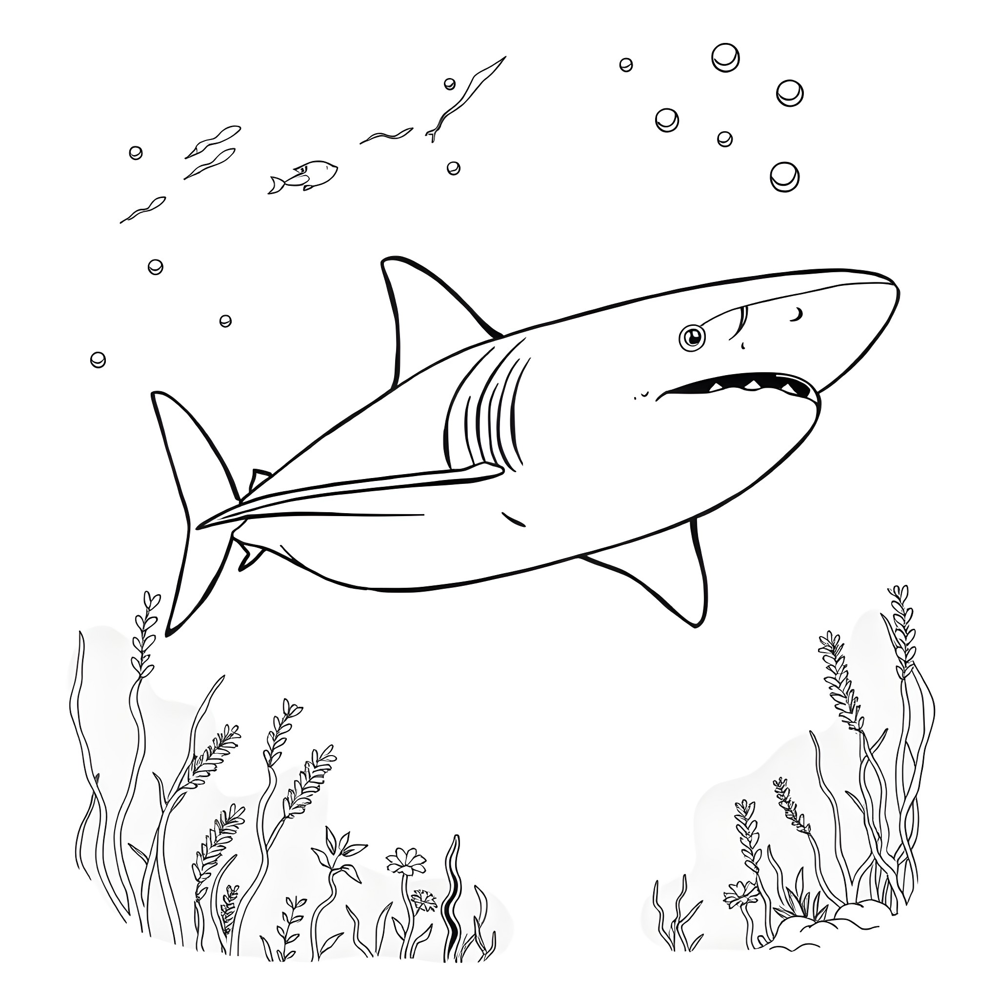 Shark swimming among marine life Coloring Page (free black-and-white line drawing printable PDF for all, from beginners to advanced learners, including children, teens, adults, and seniors)