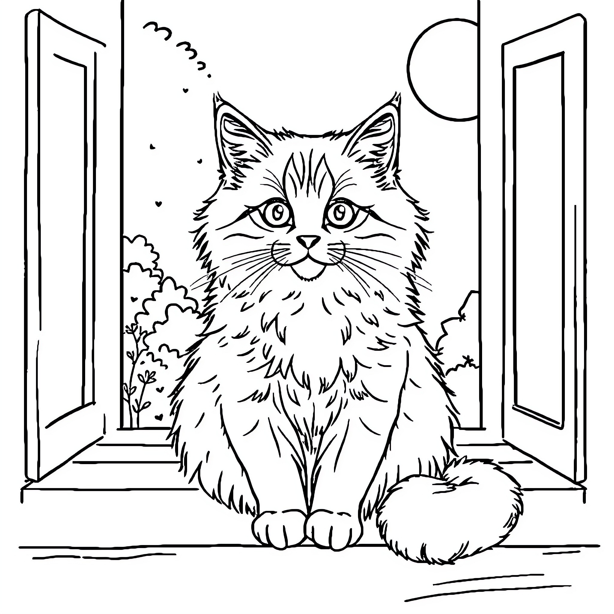 Cat enjoying the view from the window Coloring Page (free black-and-white line drawing printable PDF for all, from beginners to advanced learners, including children, teens, adults, and seniors)