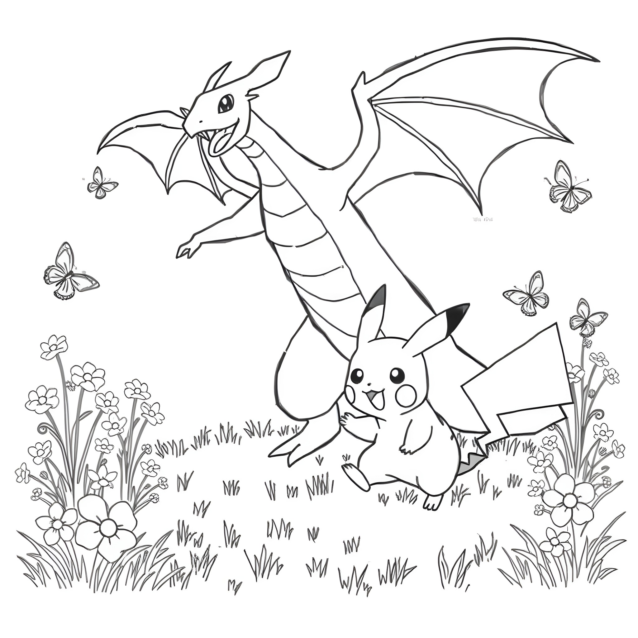 Dragonite and Pikachu frolicking in a flower field Coloring Page (free black-and-white line drawing printable PDF for all, from beginners to advanced learners, including children, teens, adults, and seniors)