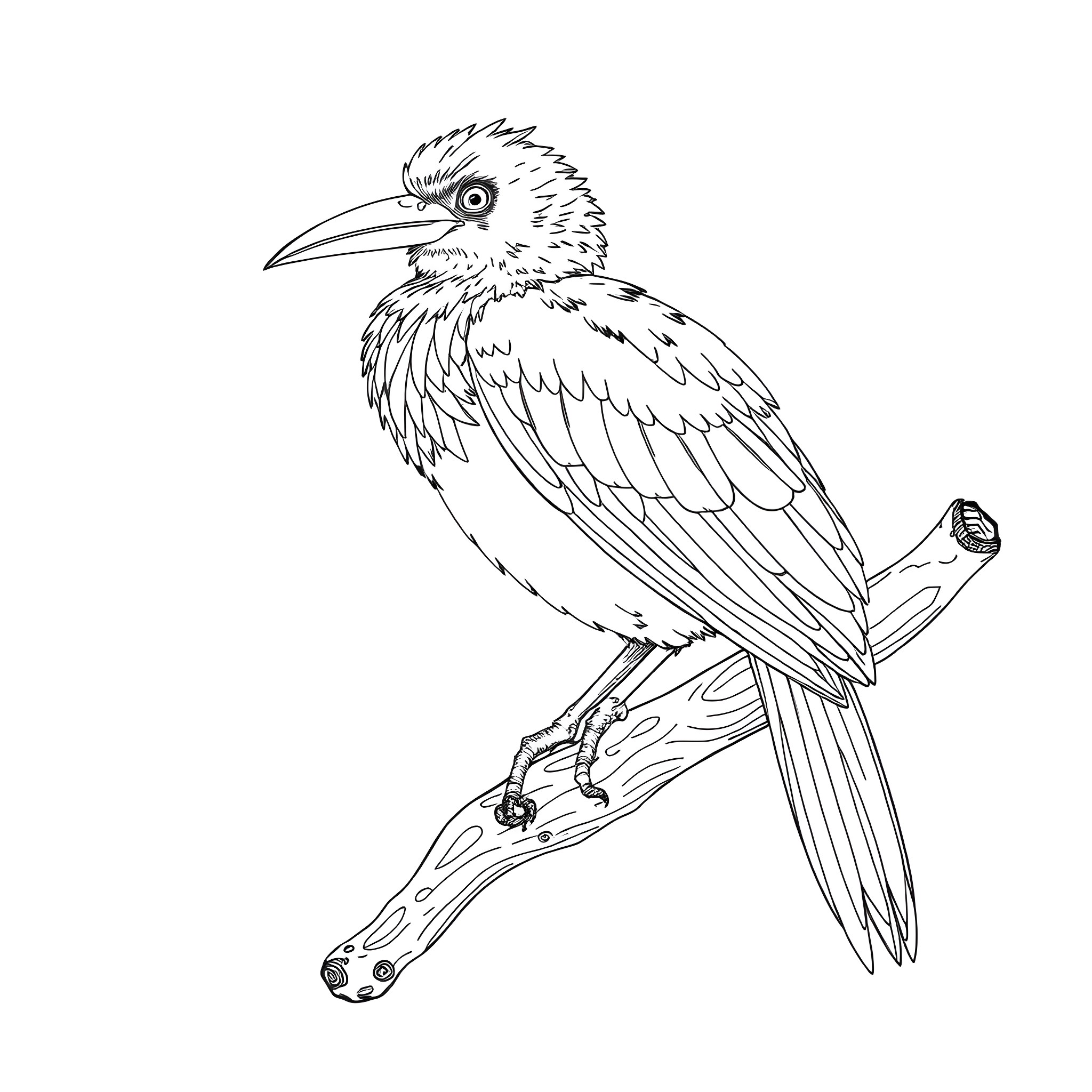 Aulacorhynchus Prasinus perched on a branch Coloring Page (free black-and-white line drawing printable PDF for all, from beginners to advanced learners, including children, teens, adults, and seniors)