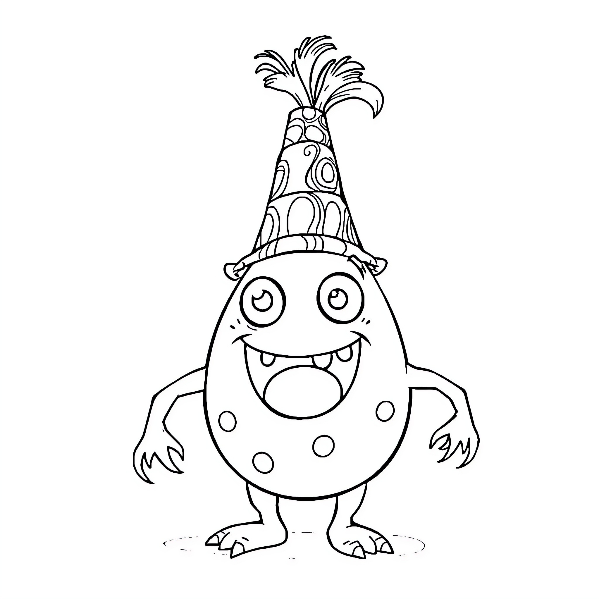 Egg Monster celebrating with party hat Coloring Page (free black-and-white line drawing printable PDF for all, from beginners to advanced learners, including children, teens, adults, and seniors)