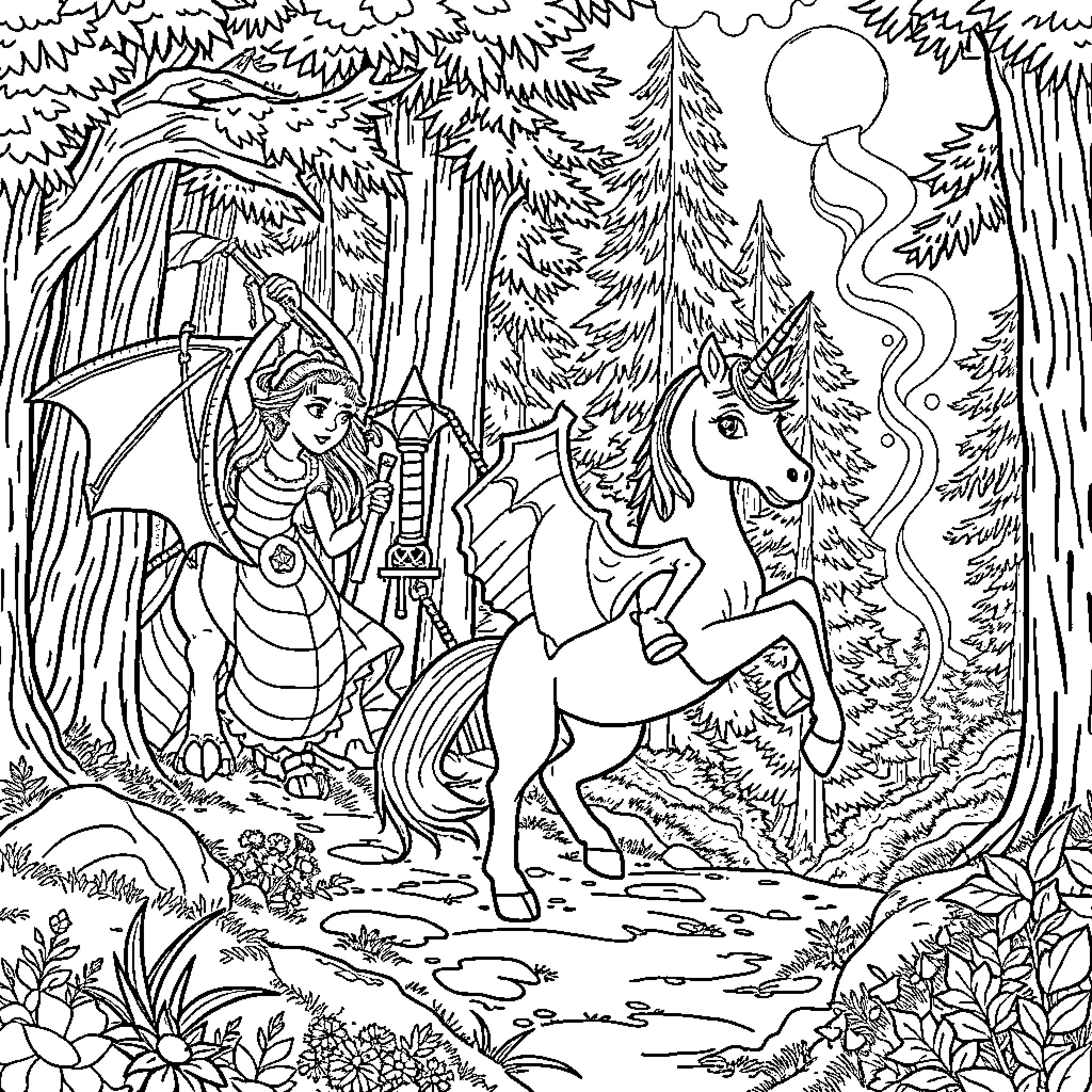 Princess Interacting with Fantastical Creatures in Enchanted Forest Coloring Page (free black-and-white line drawing printable PDF for all, from beginners to advanced learners, including children, teens, adults, and seniors)