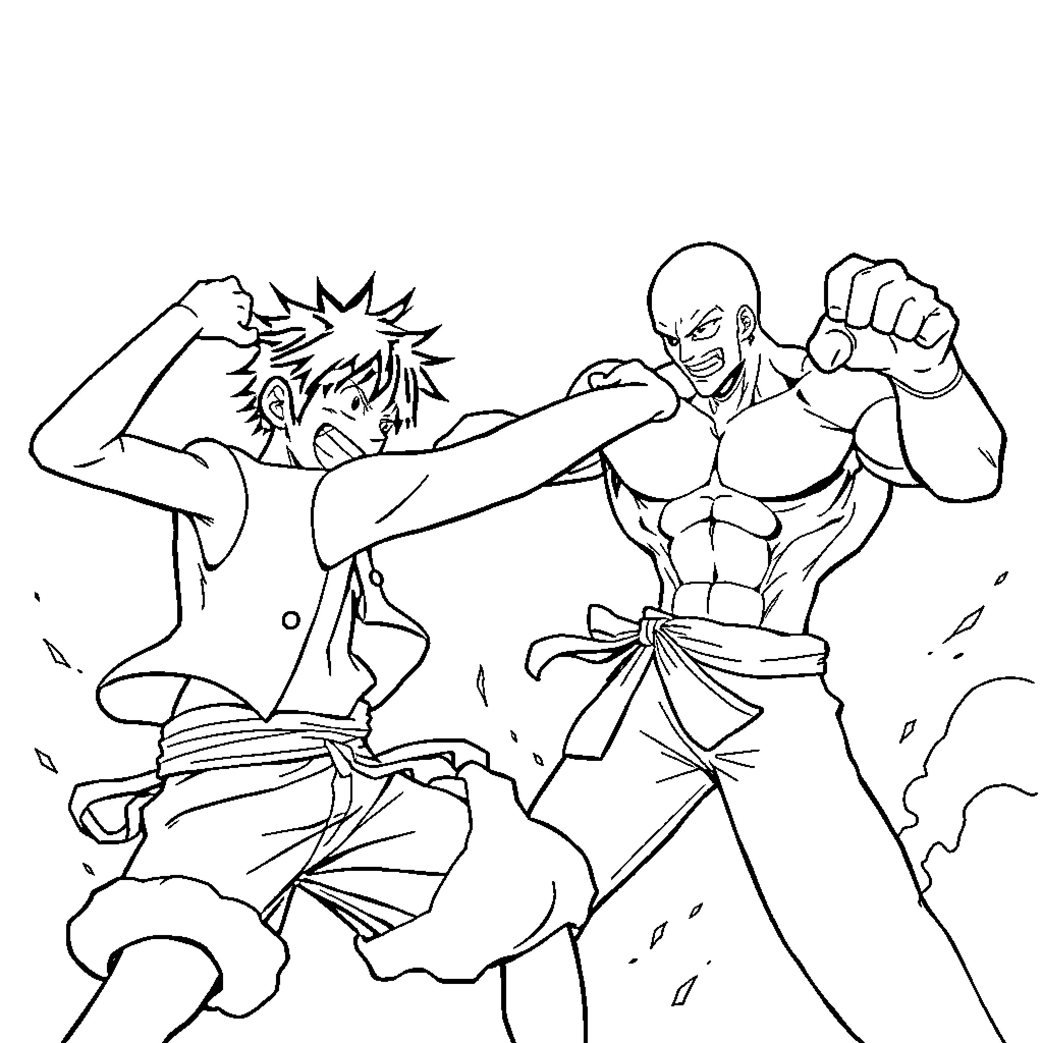Luffy Battling with a Powerful Opponent Coloring Page (free black-and-white line drawing printable PDF for all, from beginners to advanced learners, including children, teens, adults, and seniors)