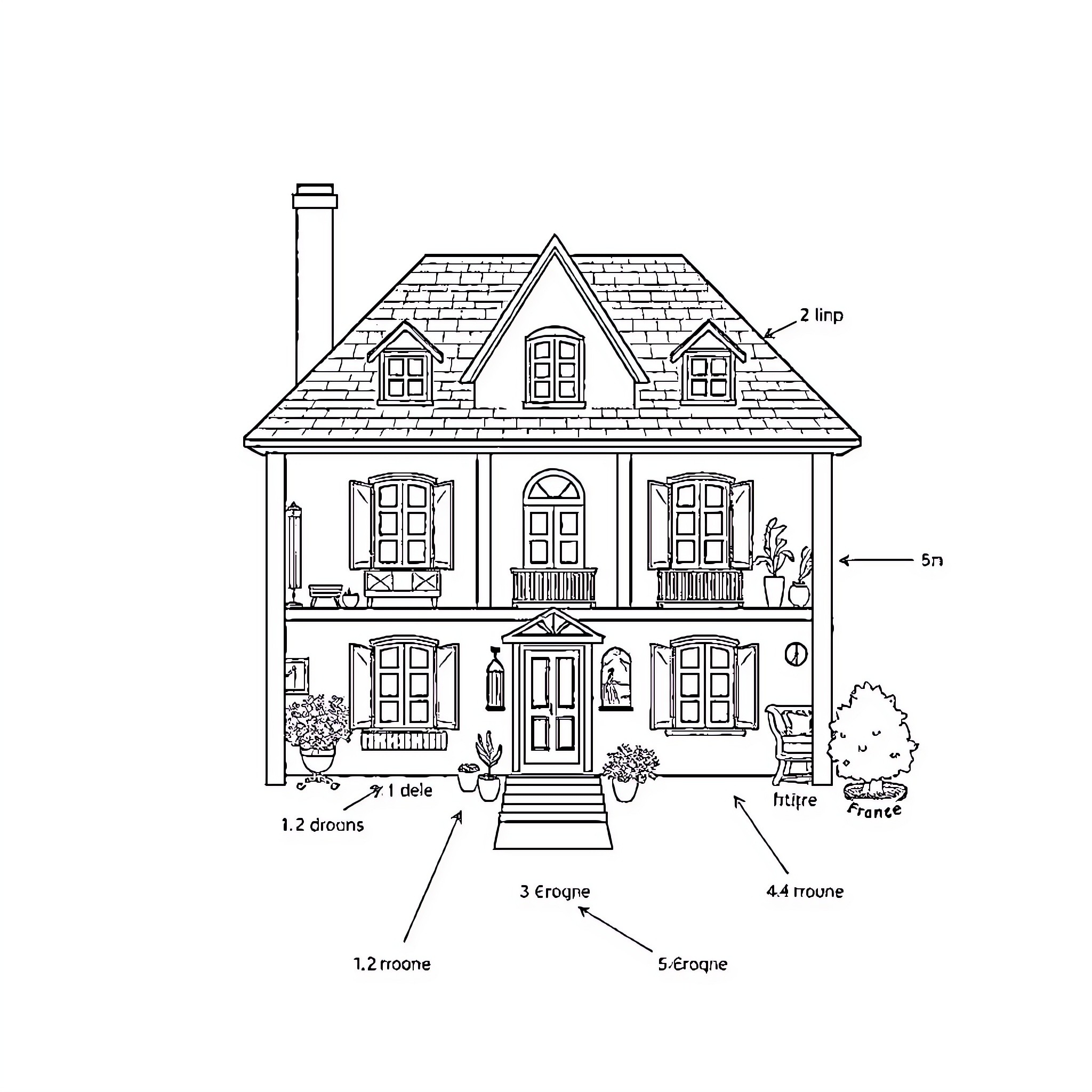 House with Detailed Architectural Features Coloring Page (free black-and-white line drawing printable PDF for all, from beginners to advanced learners, including children, teens, adults, and seniors)