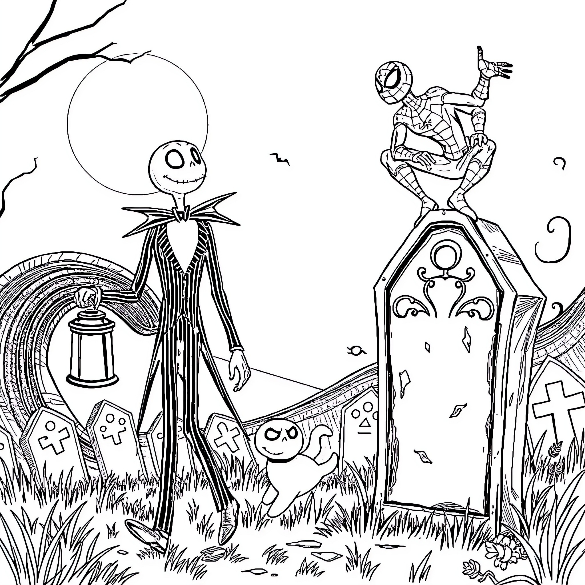 Jack Skellington in a spooky graveyard scene Coloring Page (free black-and-white line drawing printable PDF for all, from beginners to advanced learners, including children, teens, adults, and seniors)