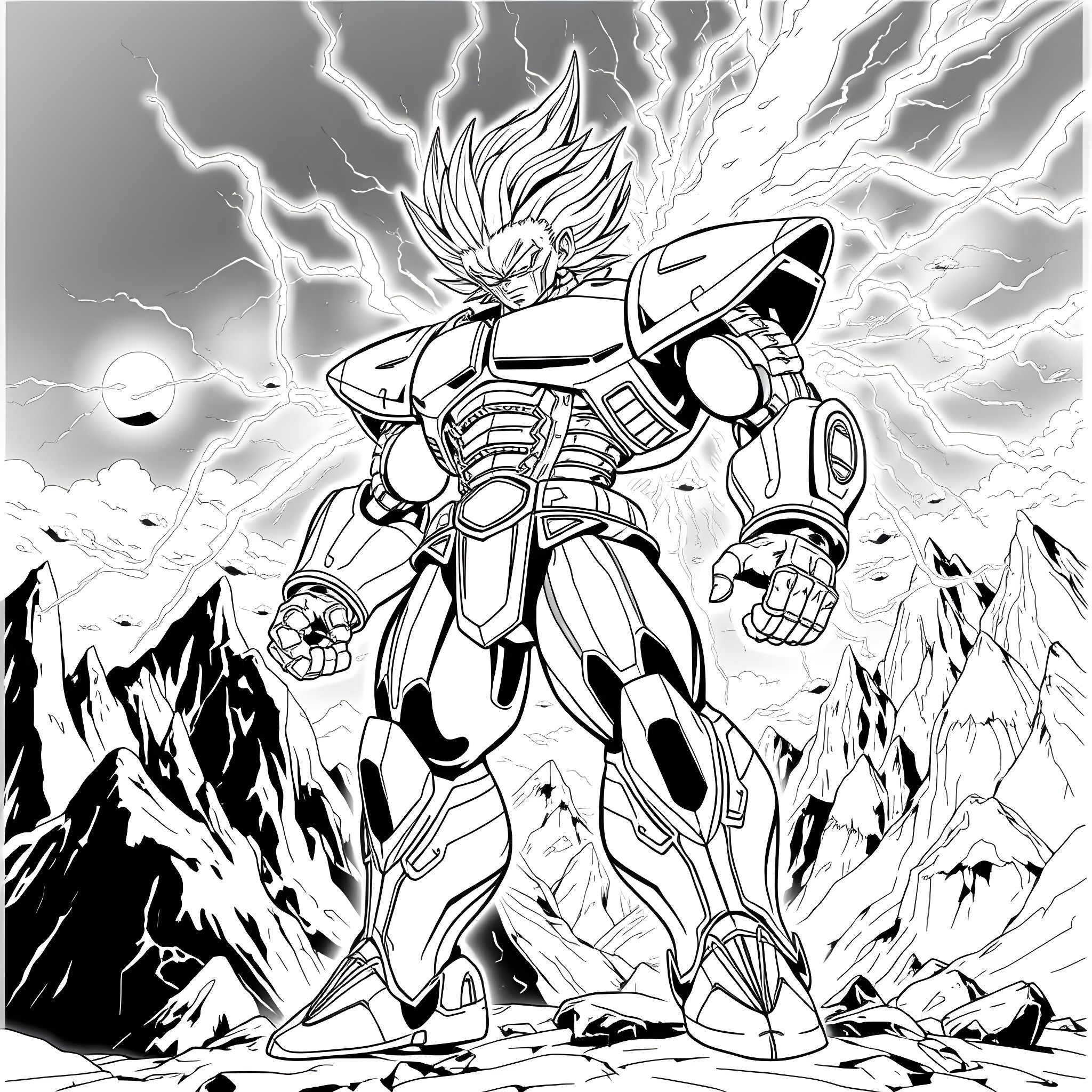 Mecha Broly's Powerful Transformation in the Rugged Landscape Coloring Page (free black-and-white line drawing printable PDF for all, from beginners to advanced learners, including children, teens, adults, and seniors)