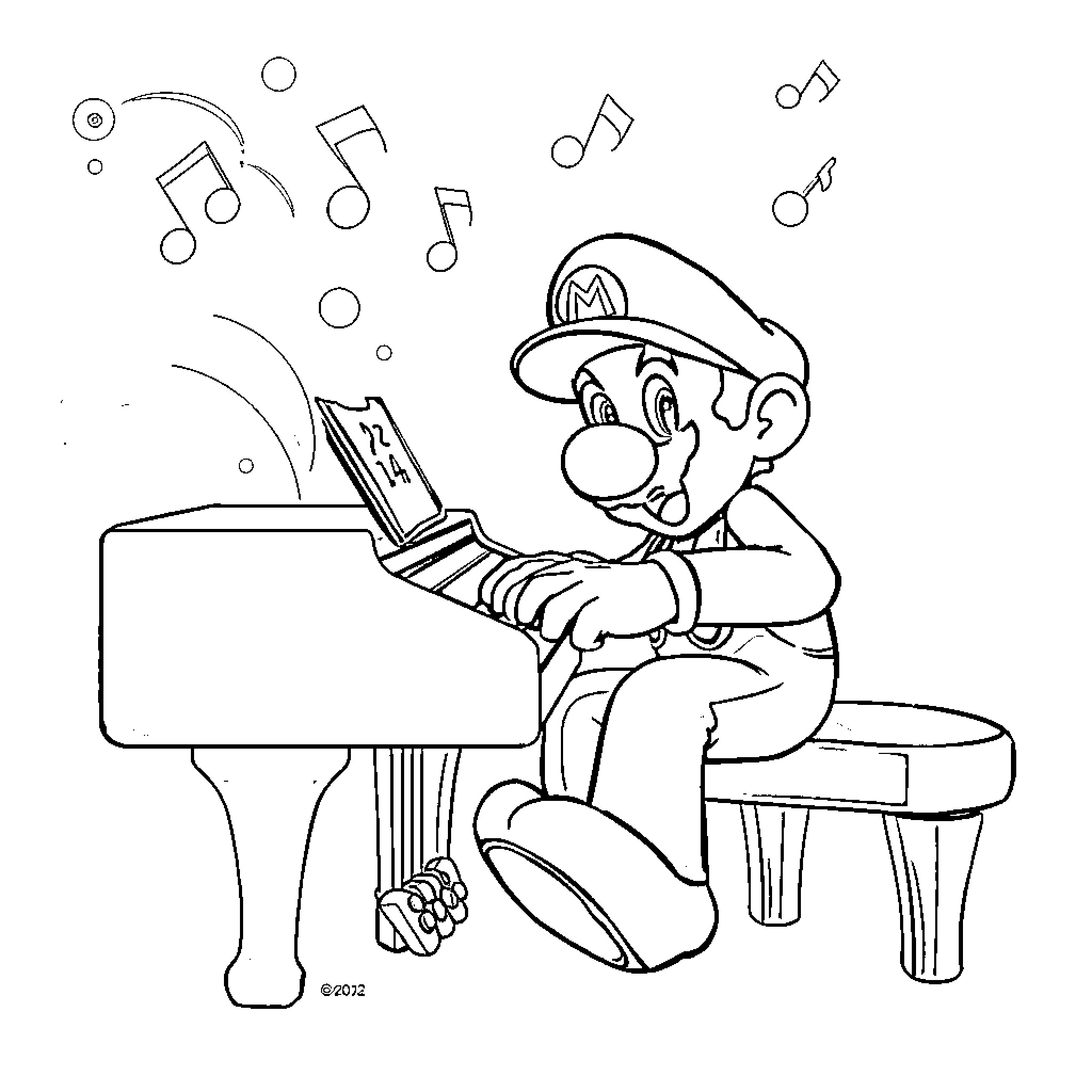 Mario playing piano with musical notes Coloring Page (free black-and-white line drawing printable PDF for all, from beginners to advanced learners, including children, teens, adults, and seniors)