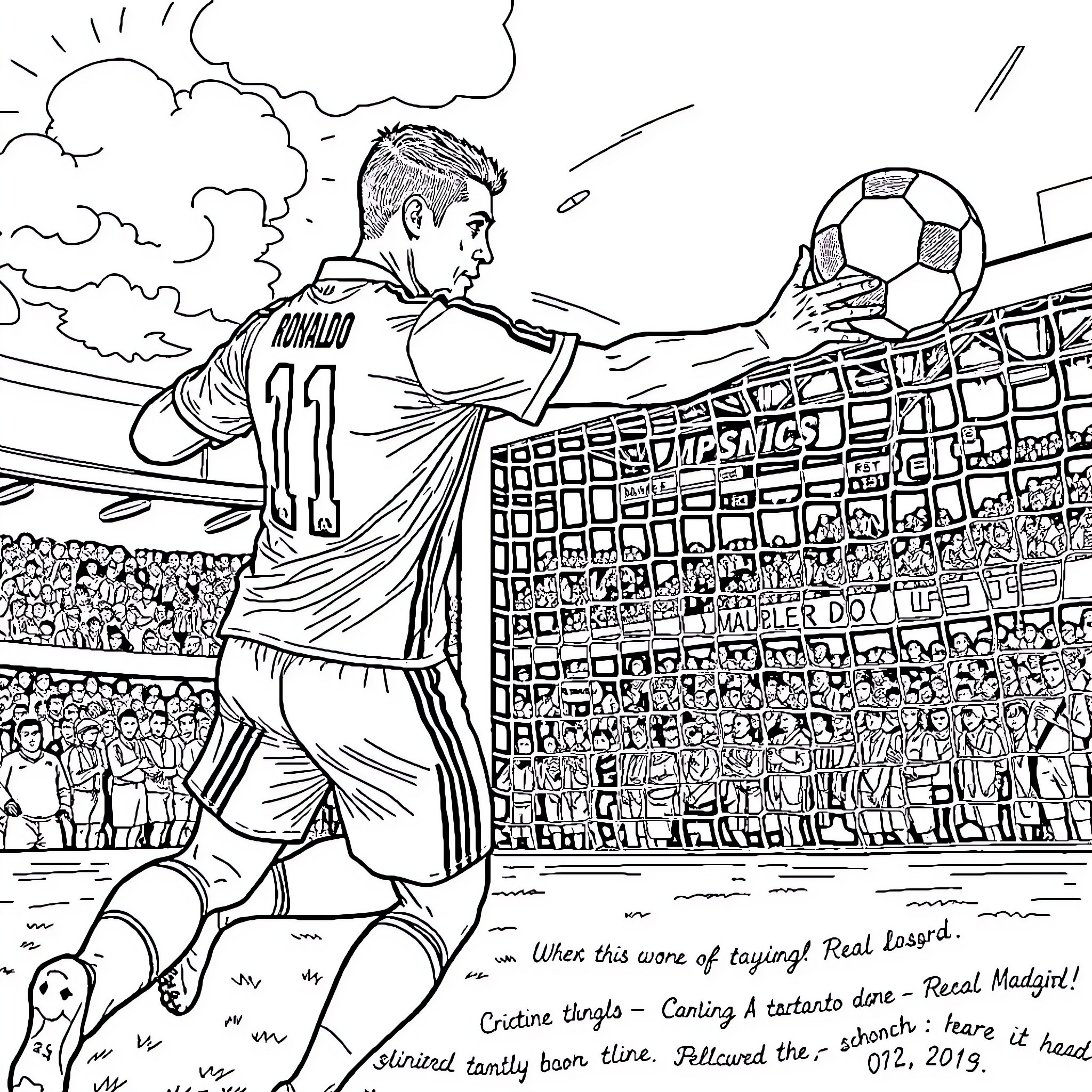 Cristiano Ronaldo's Impressive Soccer Skills in the Stadium Coloring Page (free black-and-white line drawing printable PDF for all, from beginners to advanced learners, including children, teens, adults, and seniors)