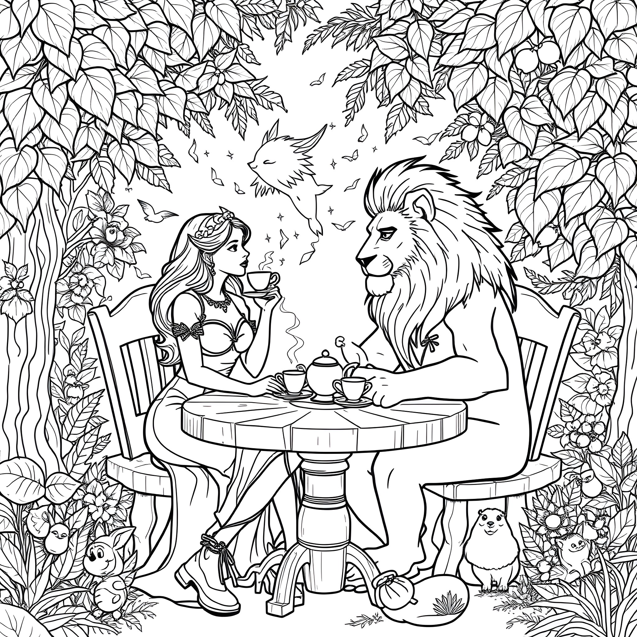 She-Ra enjoying tea with a lion in a magical forest Coloring Page (free black-and-white line drawing printable PDF for all, from beginners to advanced learners, including children, teens, adults, and seniors)